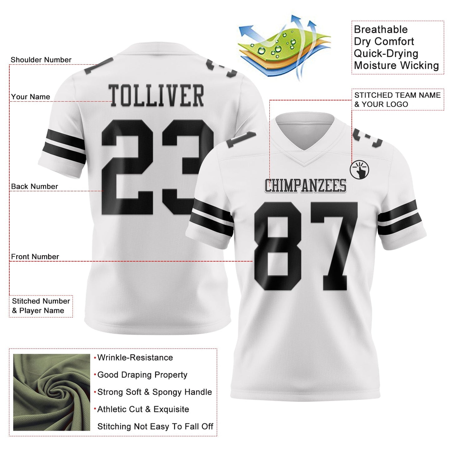 Custom White Black Authentic Football Jersey view 3