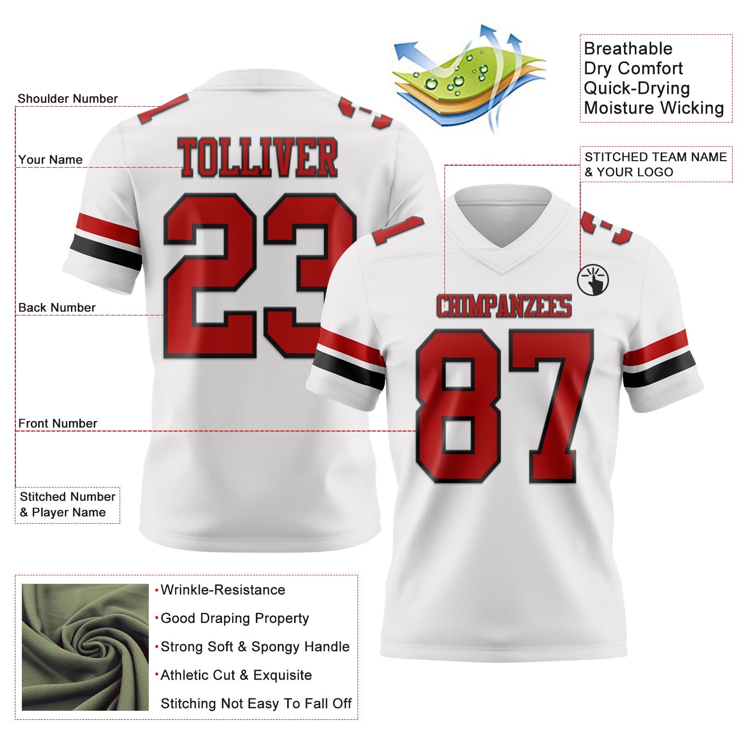 Custom White Red-Black Authentic Football Jersey view 3