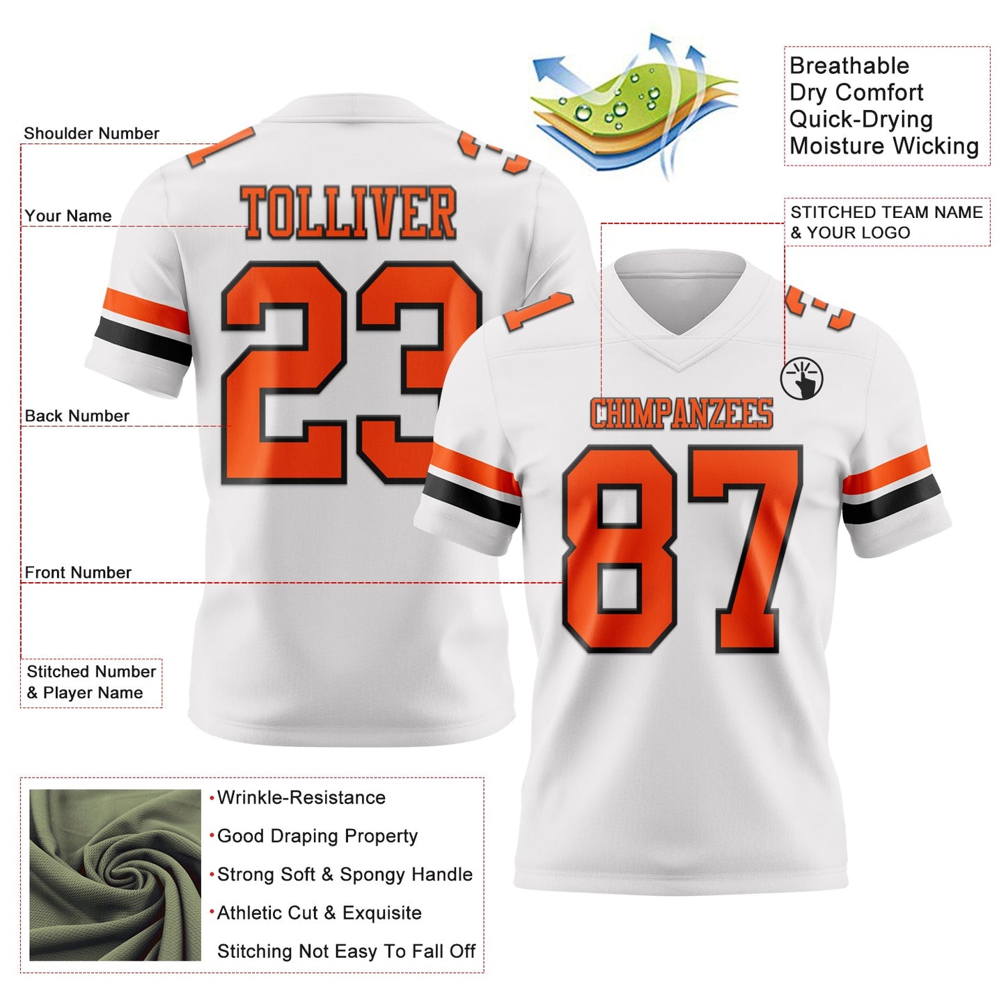 Custom White Orange-Black Authentic Football Jersey view 3