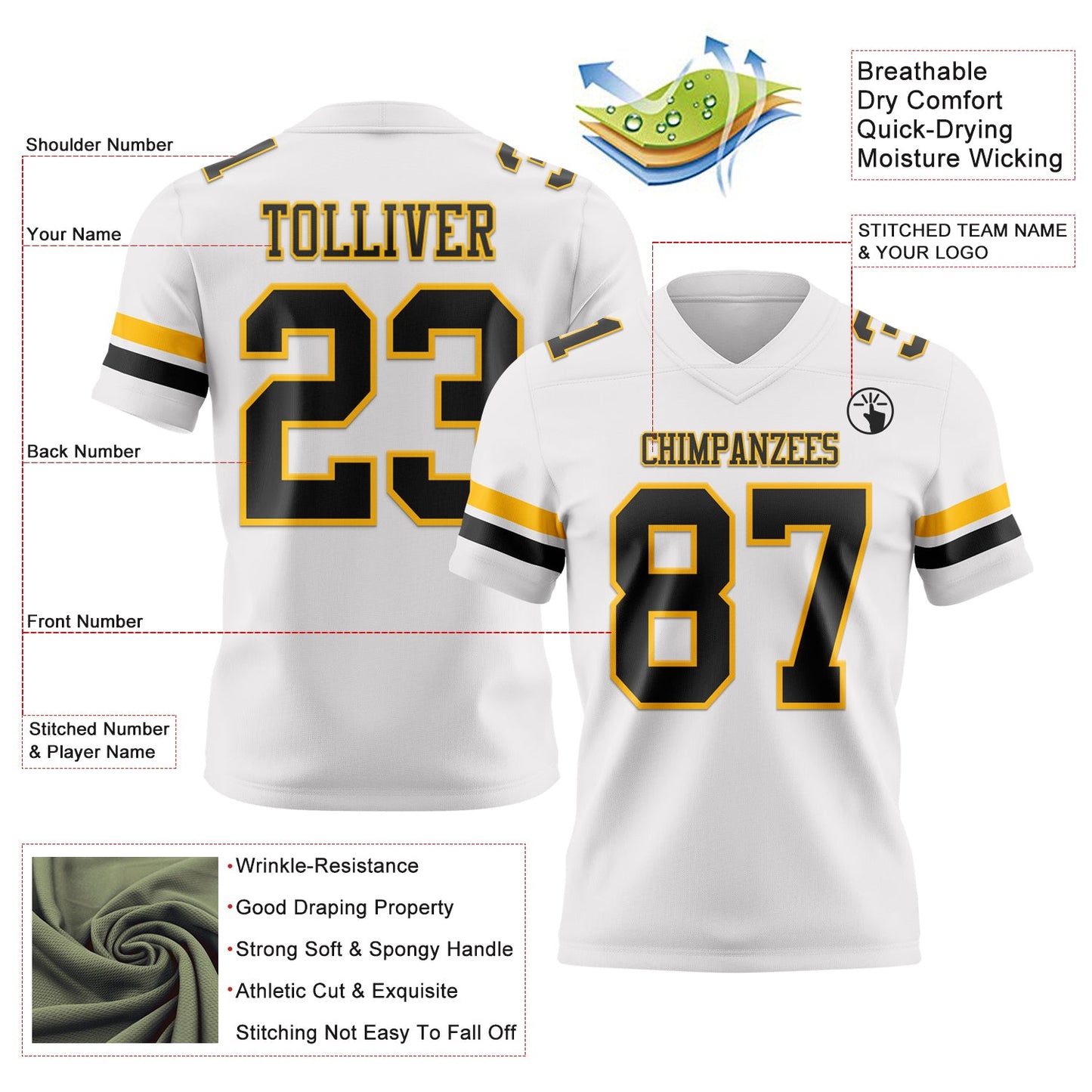 Custom White Black-Gold Authentic Football Jersey view 3