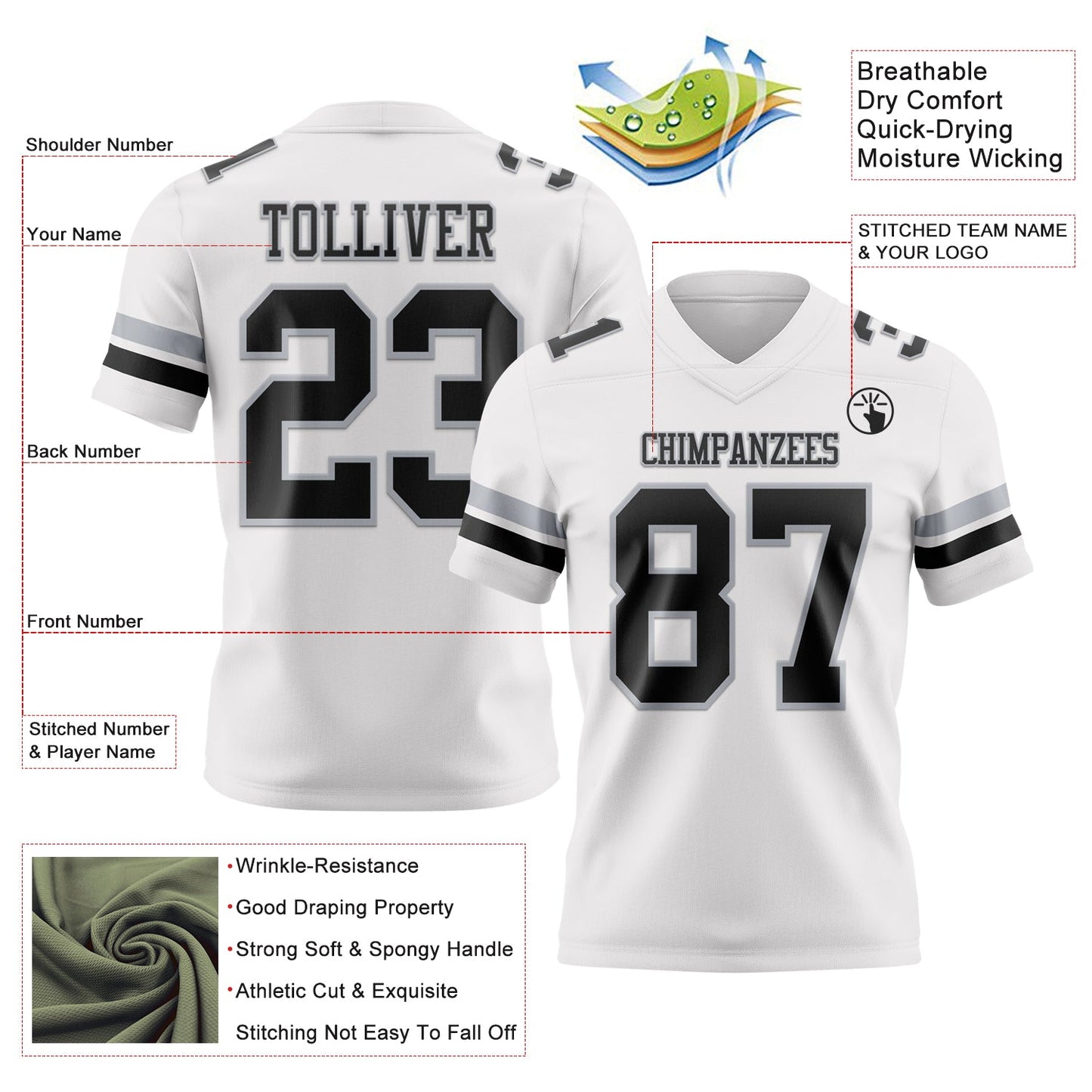 Custom White Black-Gray Authentic Football Jersey view 3