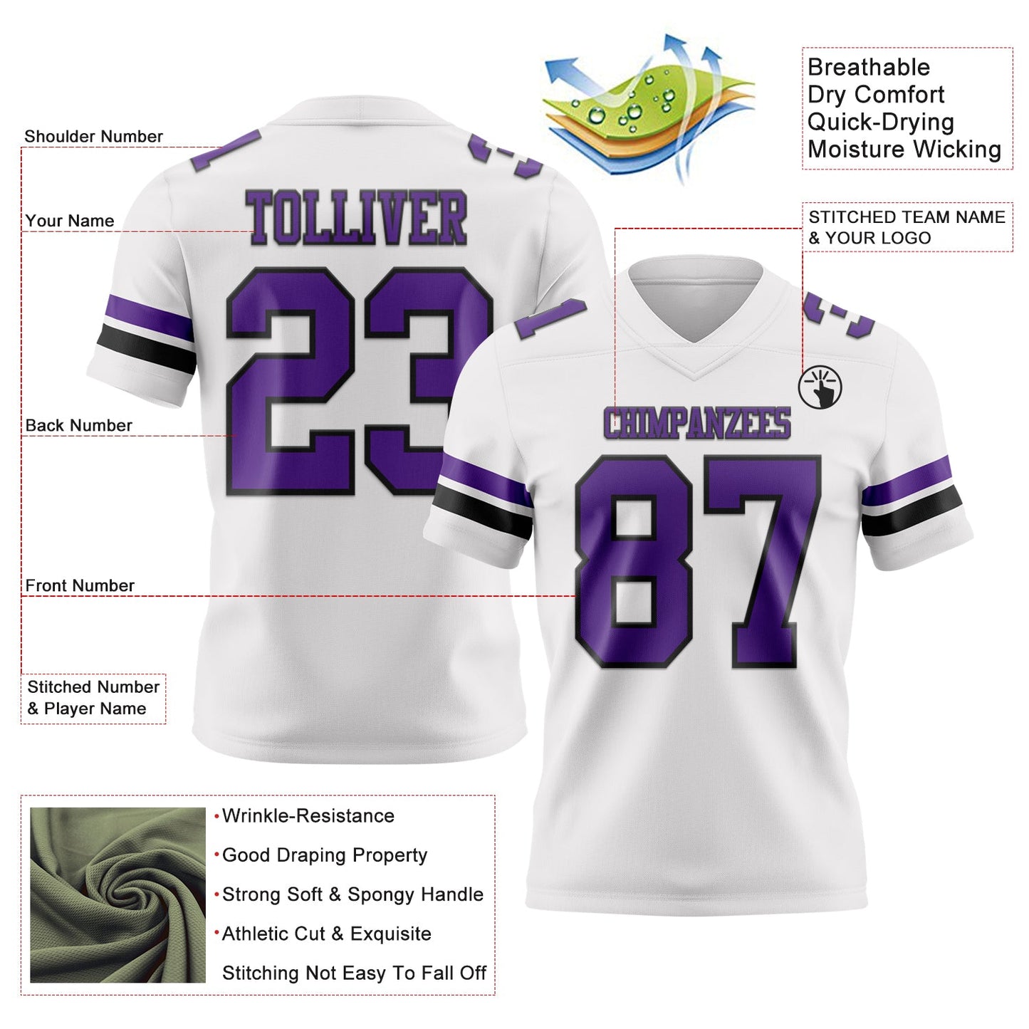 Custom White Purple-Black Authentic Football Jersey view 3
