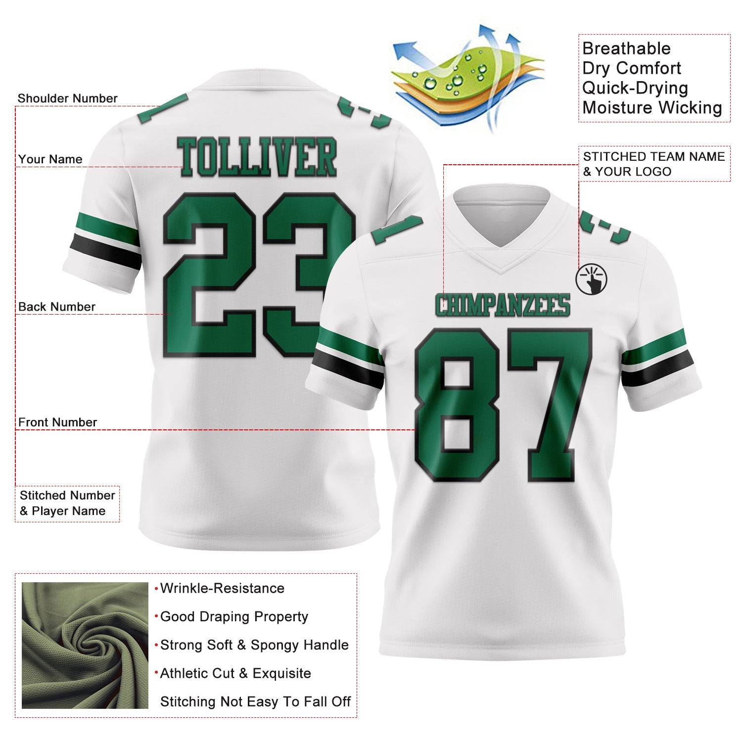 Custom White Kelly Green-Black Authentic Football Jersey view 3