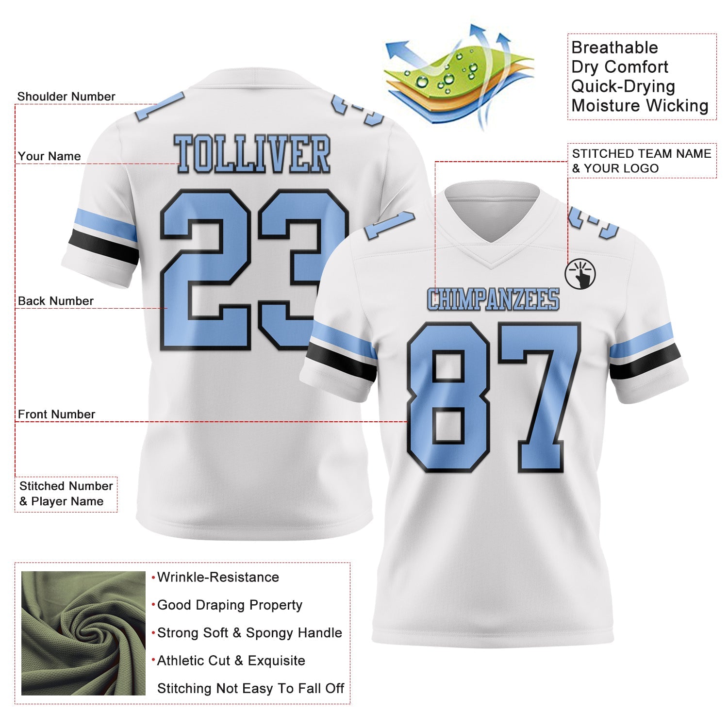 Custom White Light Blue-Black Authentic Football Jersey view 3