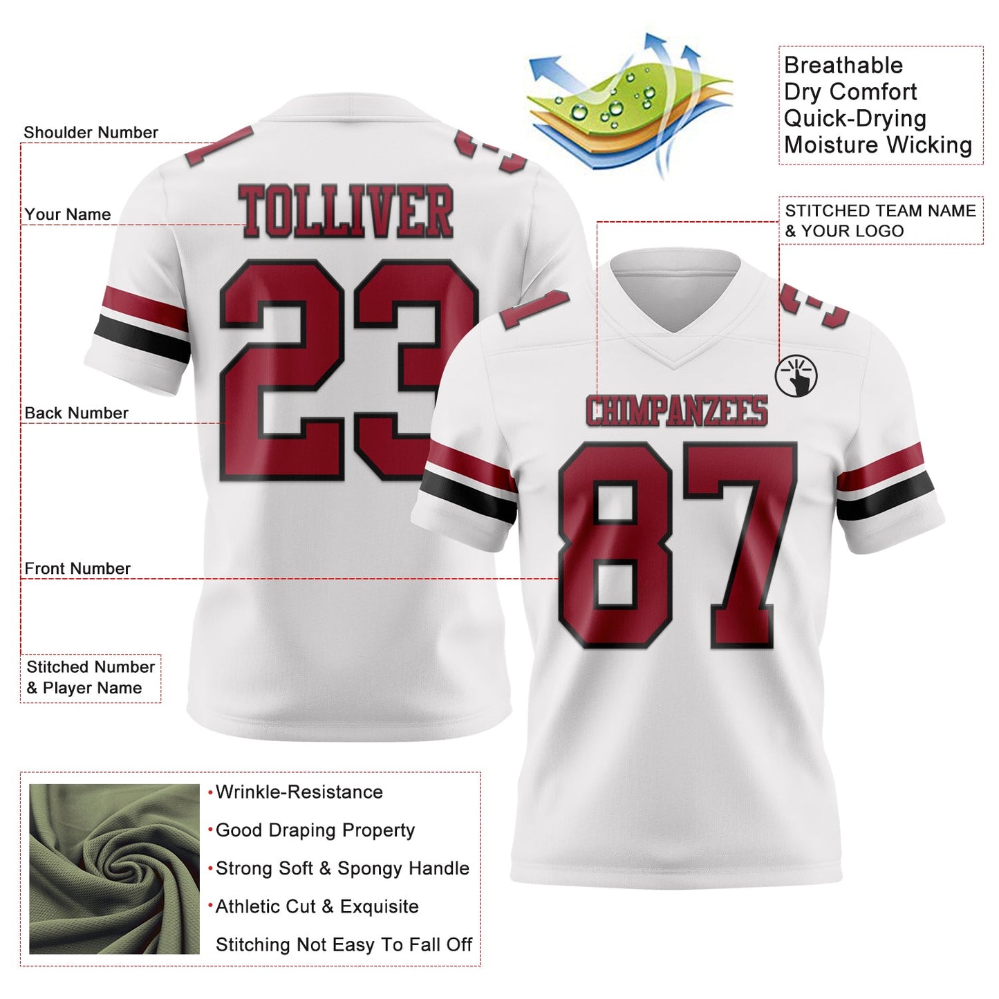 Custom White Cardinal-Black Authentic Football Jersey view 3