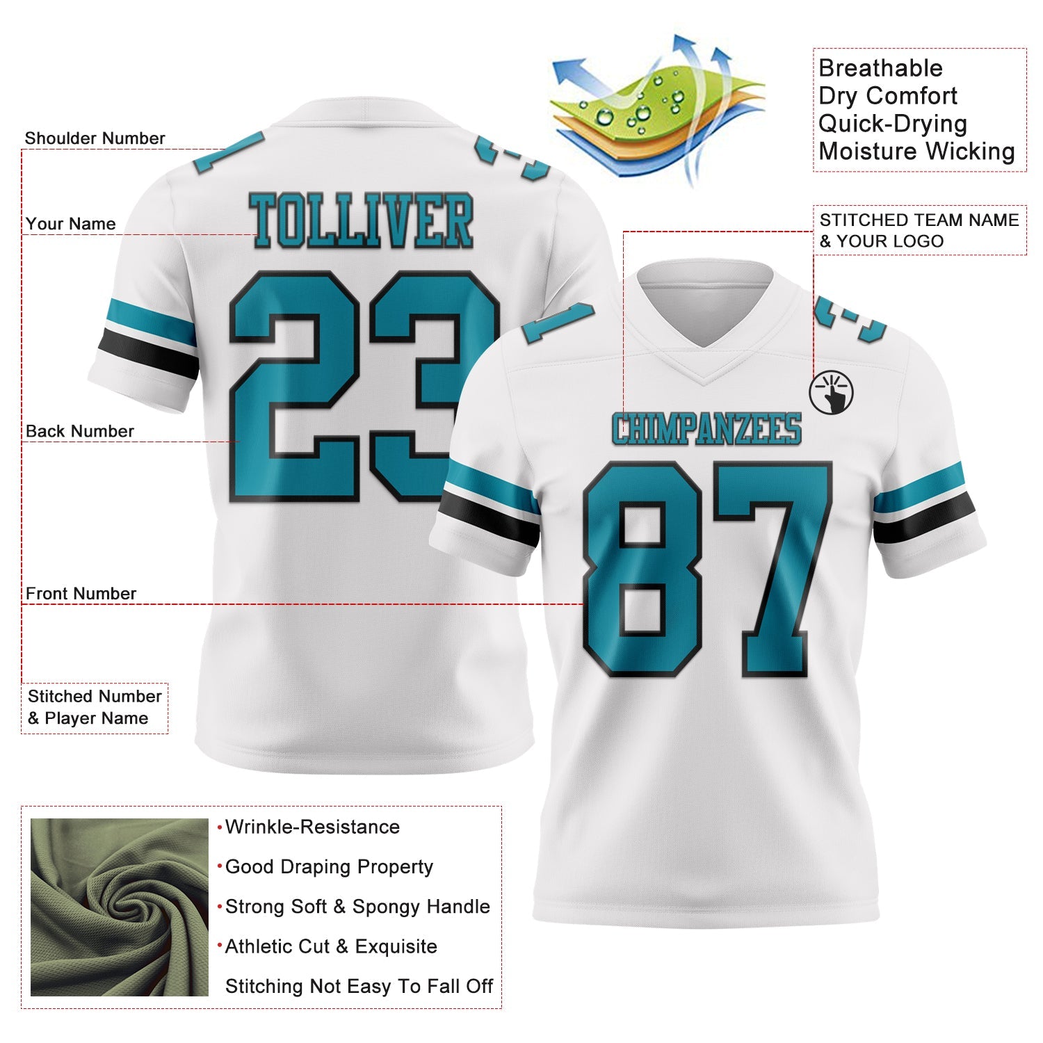 Custom White Teal-Black Authentic Football Jersey view 3