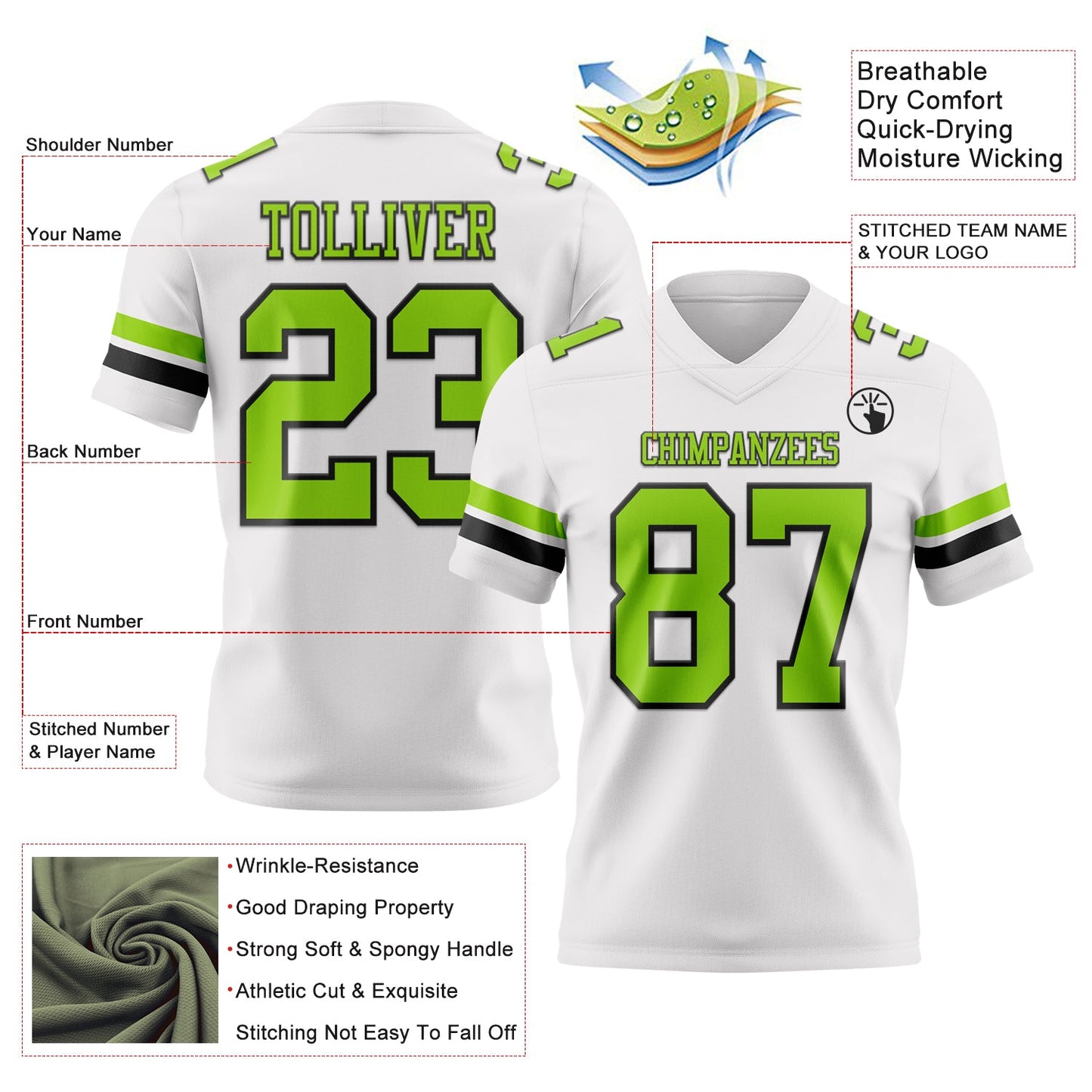 Custom White Neon Green-Black Authentic Football Jersey view 3