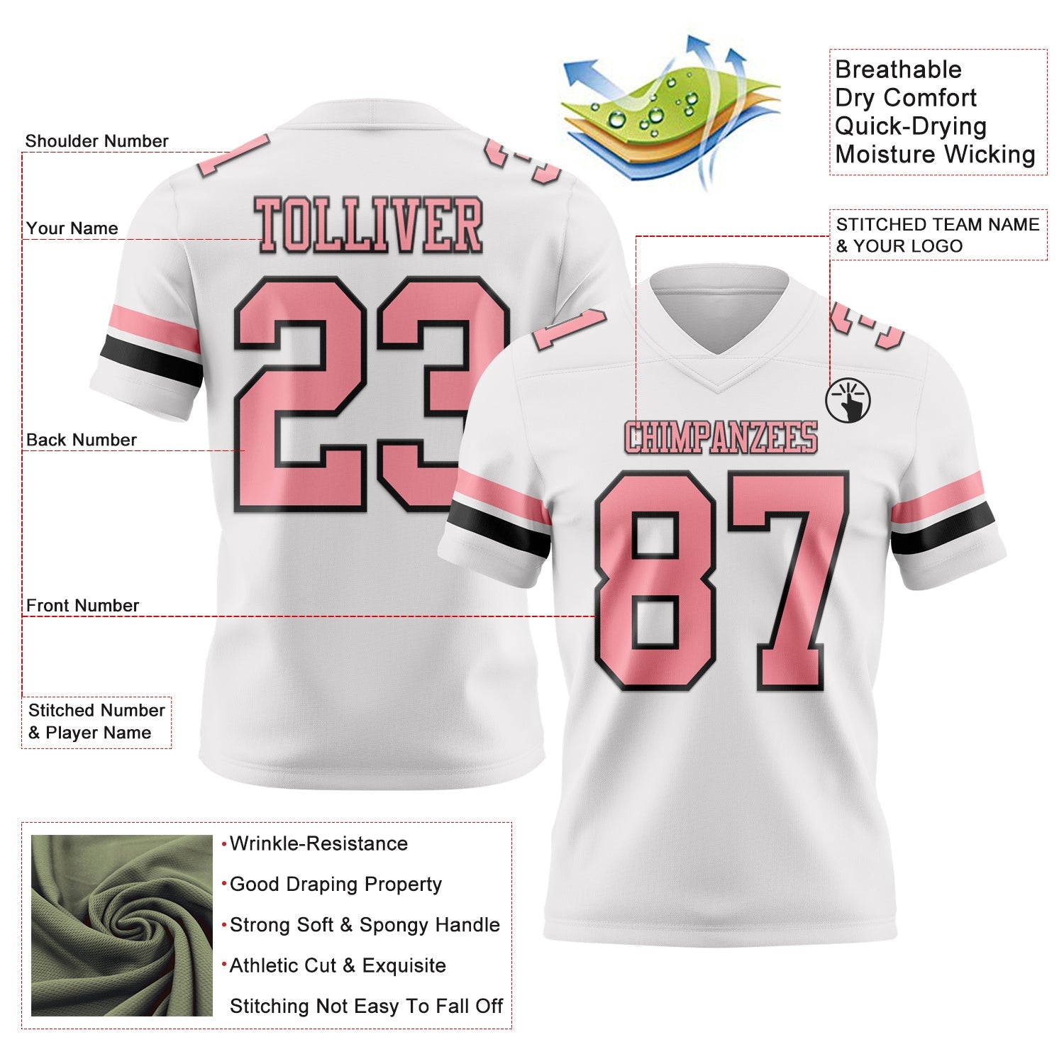 Custom White Medium Pink-Black Authentic Football Jersey view 3