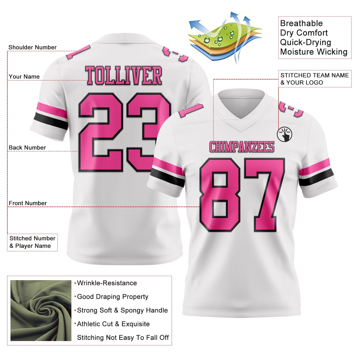 Custom White Pink-Black Authentic Football Jersey view 3