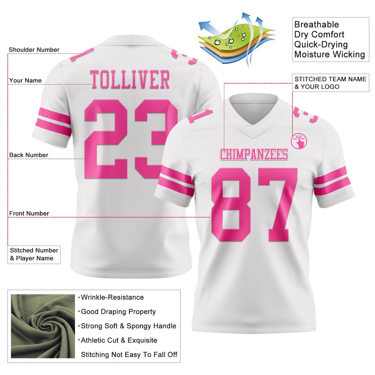 Custom White Pink Authentic Football Jersey view 3