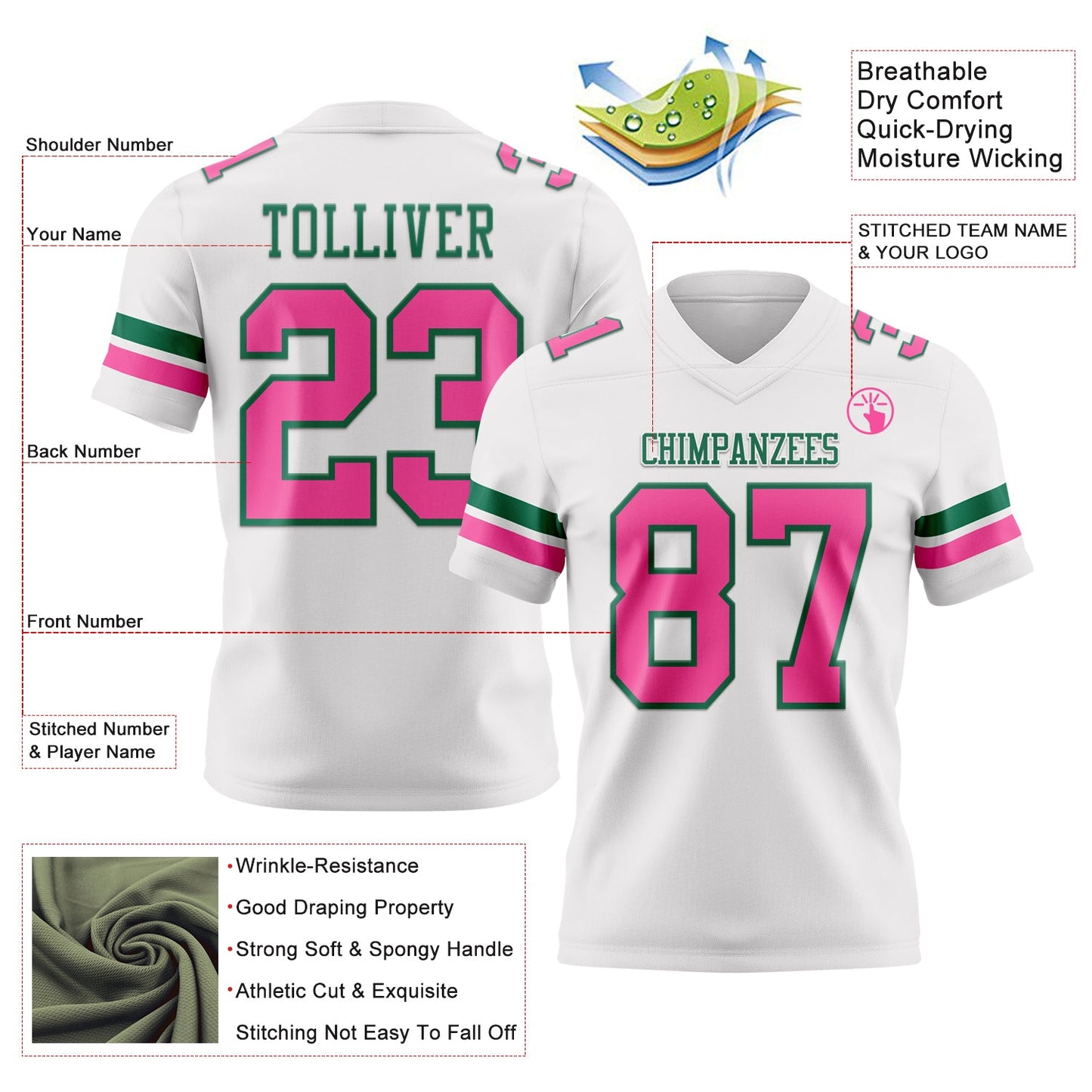 Custom White Pink-Kelly Green Authentic Football Jersey view 3