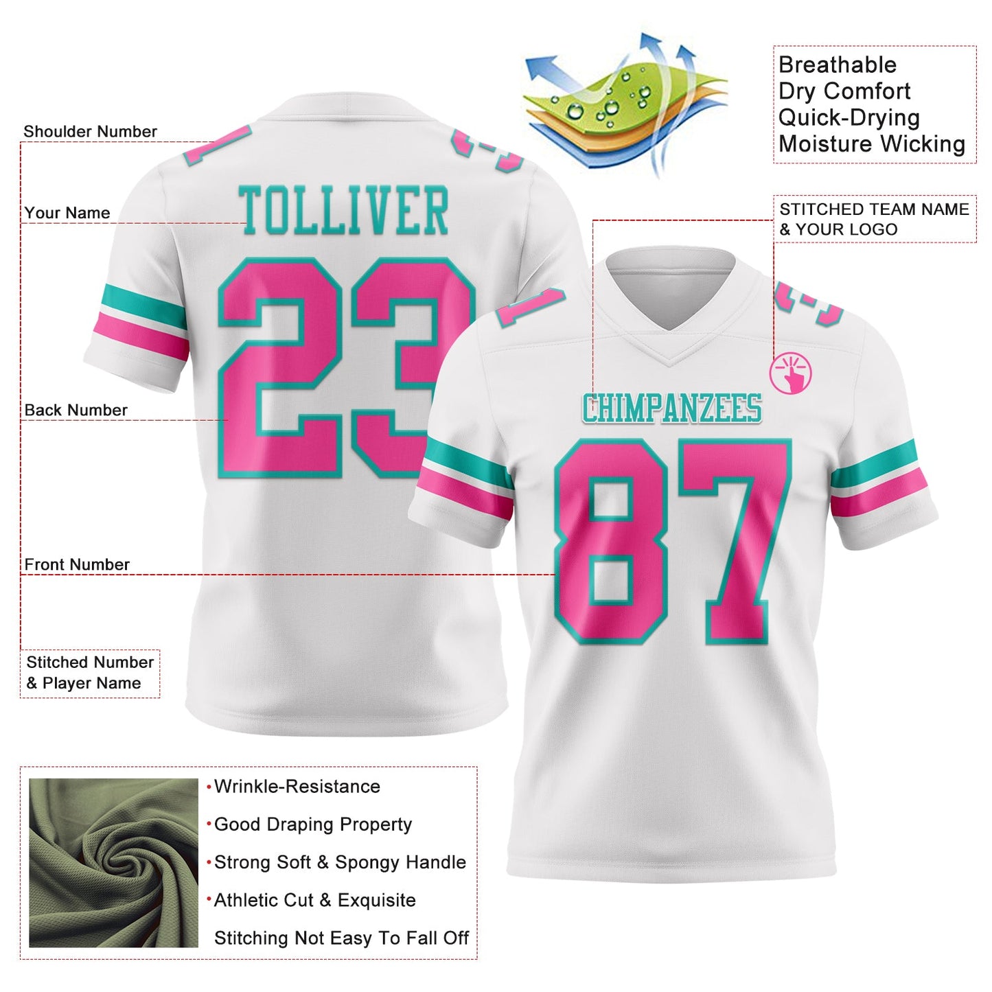 Custom White Pink-Aqua Authentic Football Jersey view 3
