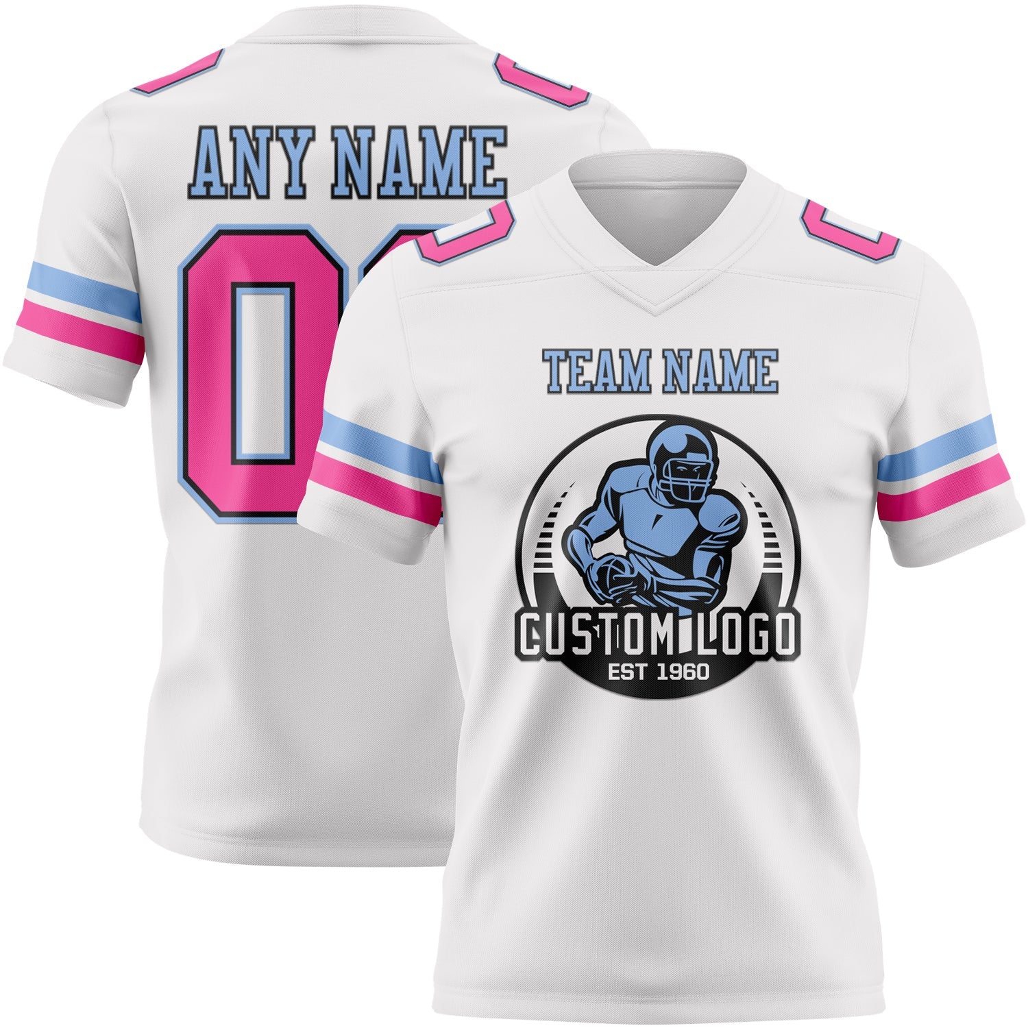 Custom White Pink Black-Light Blue Authentic Football Jersey view 2