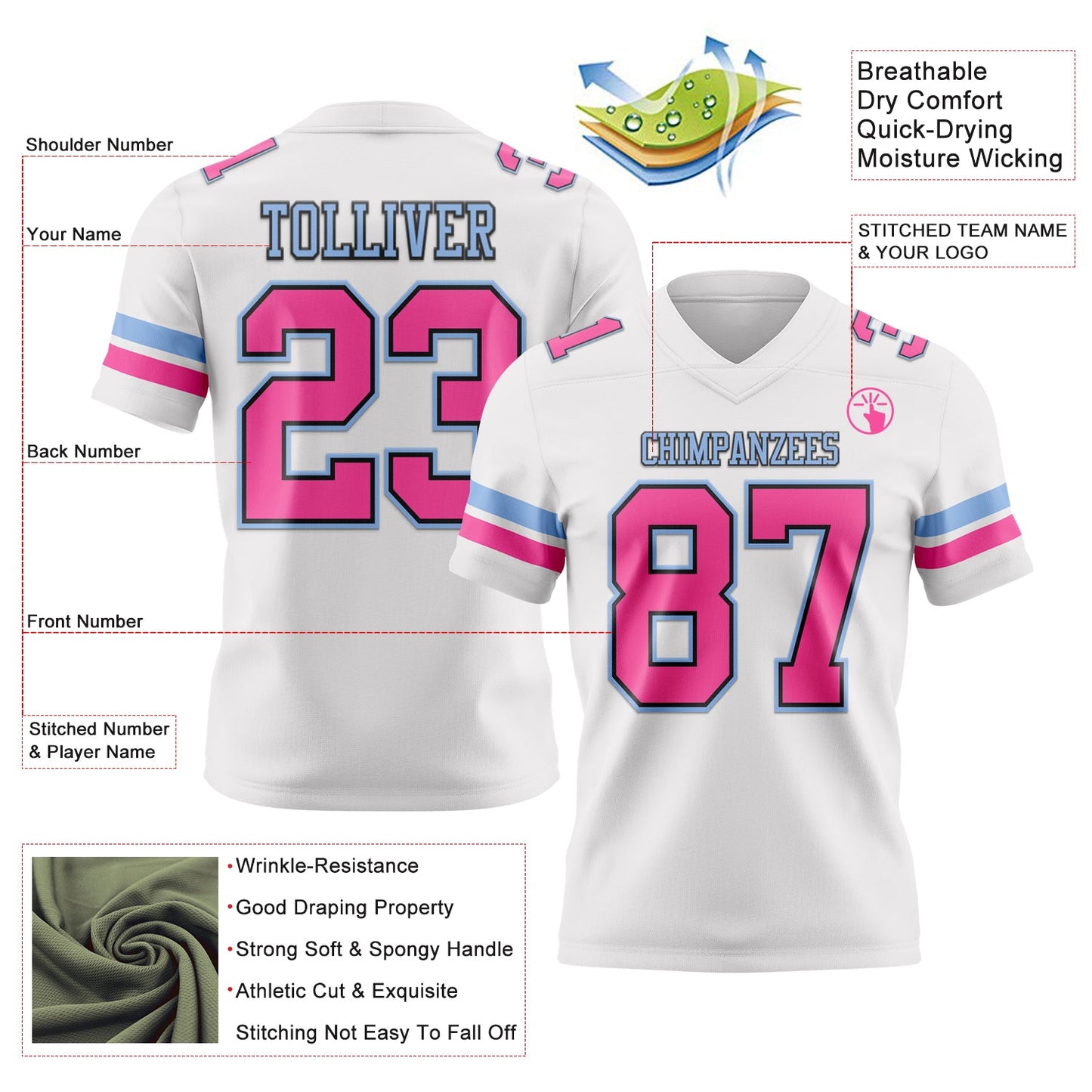 Custom White Pink Black-Light Blue Authentic Football Jersey view 3