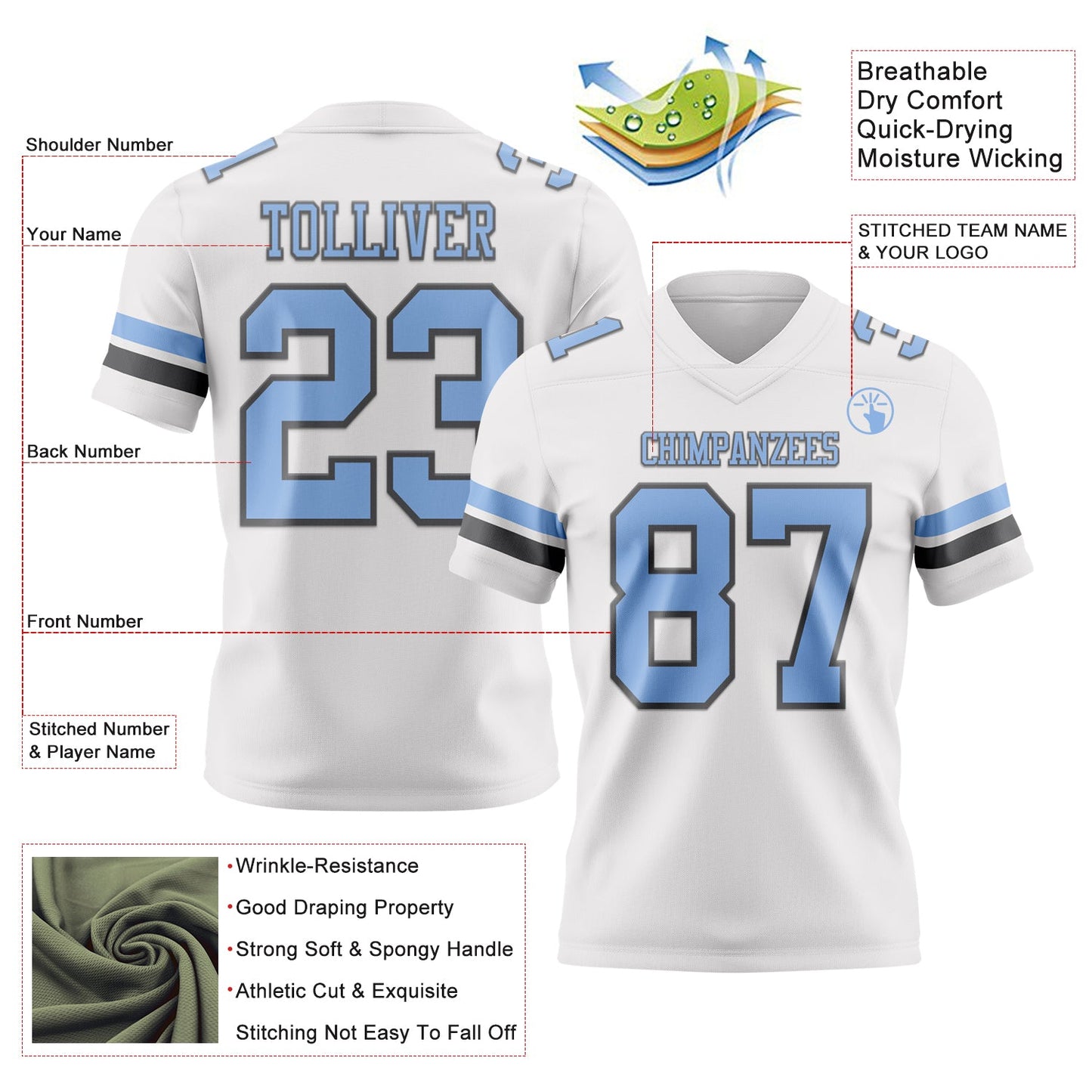 Custom White Light Blue-Steel Gray Authentic Football Jersey view 3
