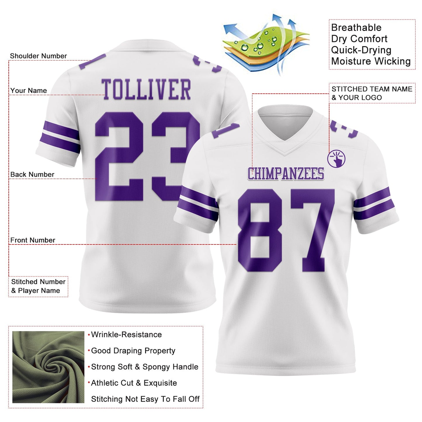 Custom White Purple Authentic Football Jersey view 3
