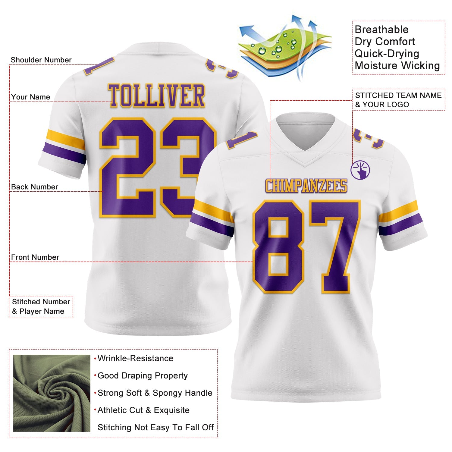 Custom White Purple-Gold Authentic Football Jersey view 3