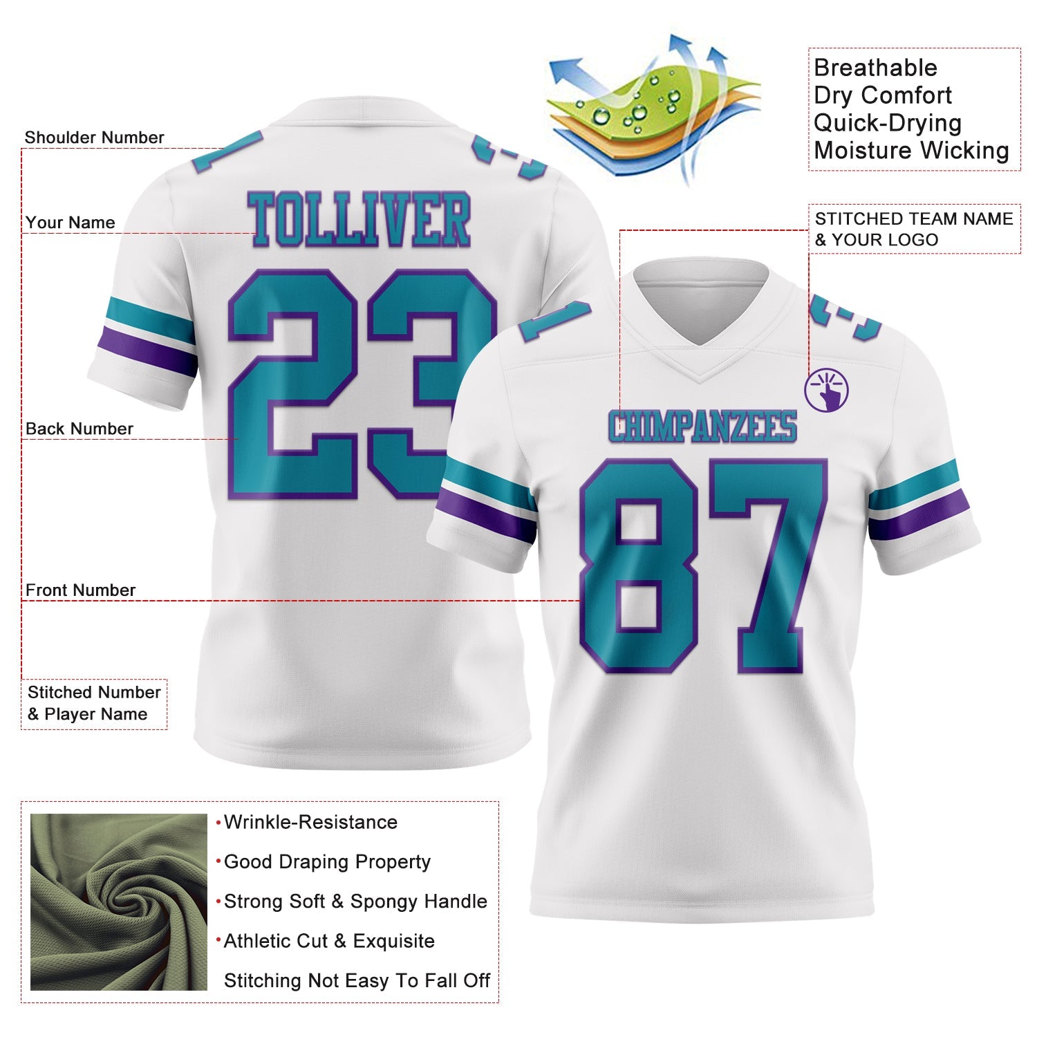 Custom White Teal-Purple Authentic Football Jersey view 3