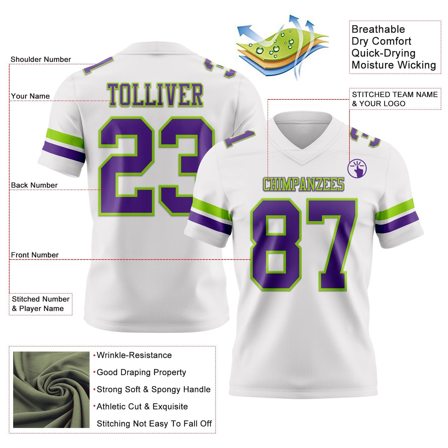 Custom White Purple-Neon Green Authentic Football Jersey view 3