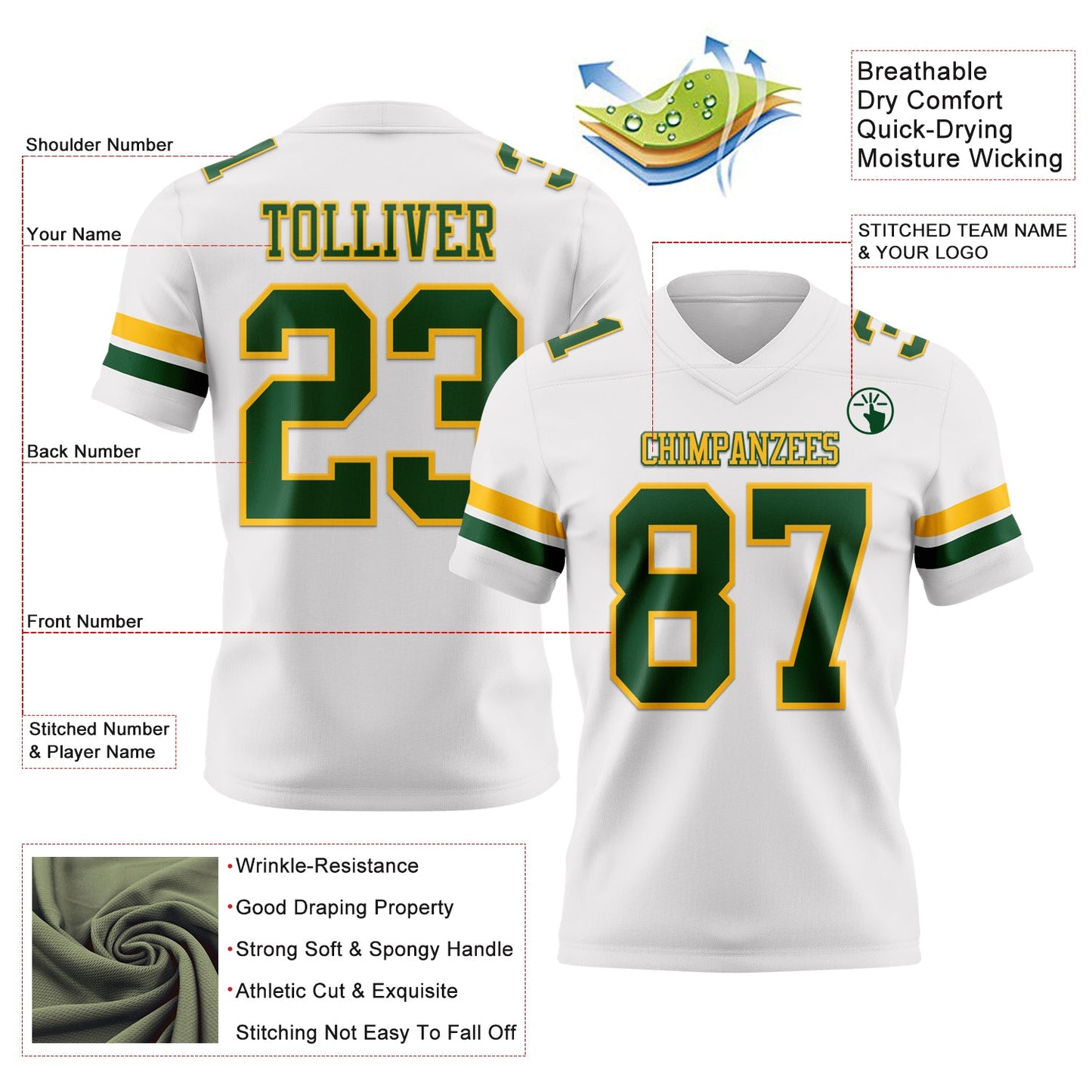 Custom White Green-Gold Authentic Football Jersey view 3