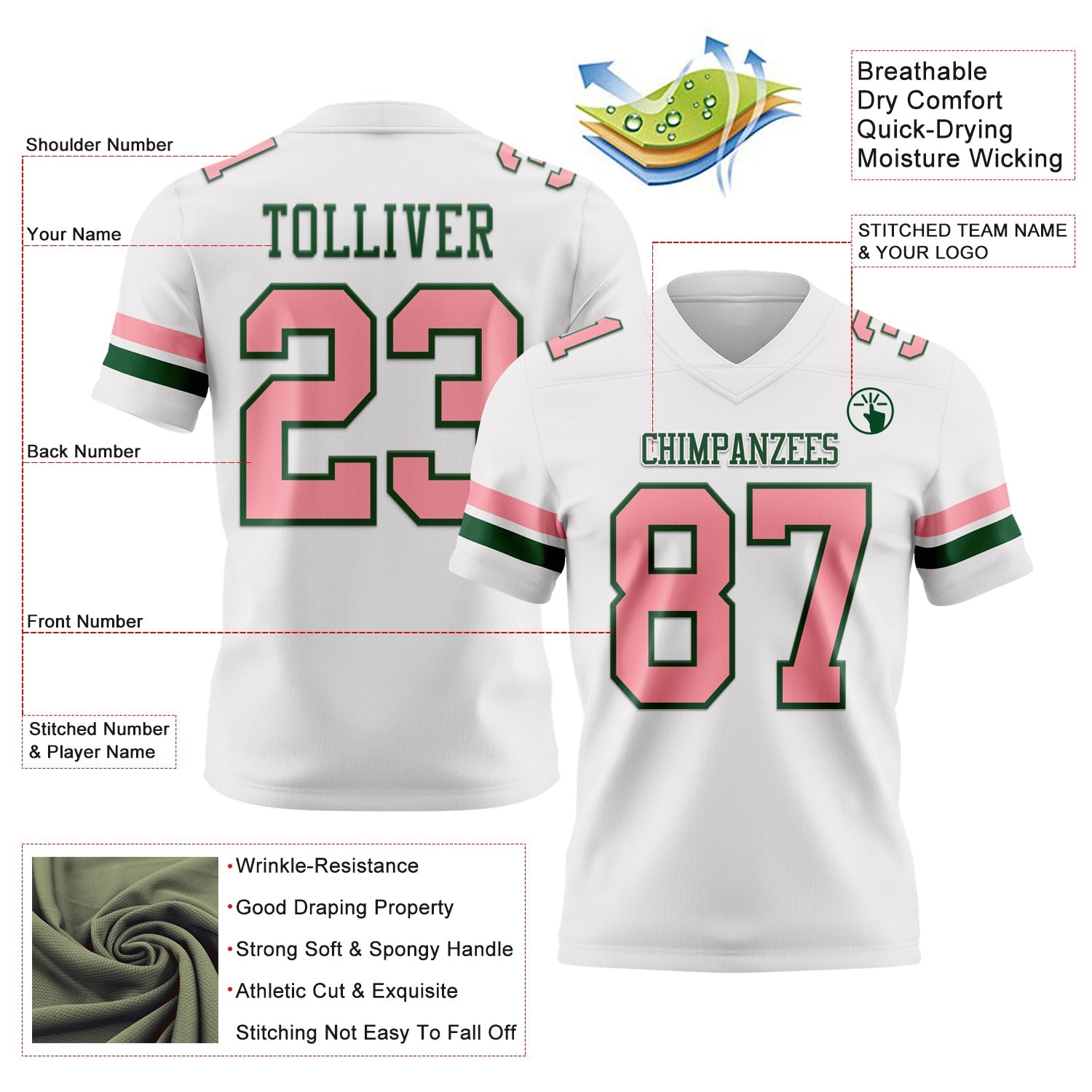 Custom White Medium Pink-Green Authentic Football Jersey view 3