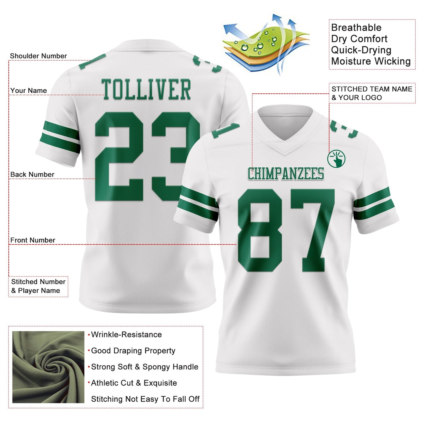 Custom White Kelly Green Authentic Football Jersey view 3