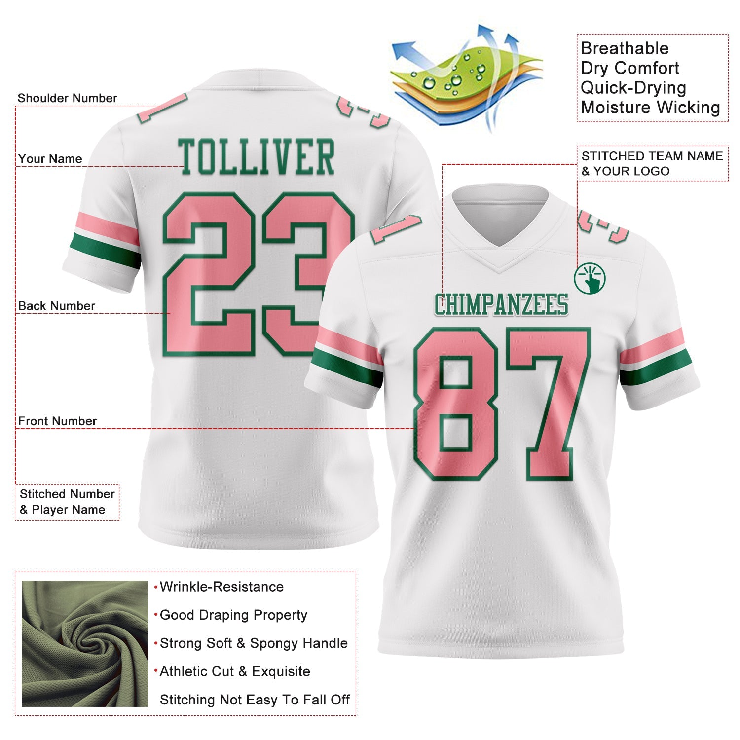 Custom White Medium Pink-Kelly Green Authentic Football Jersey view 3