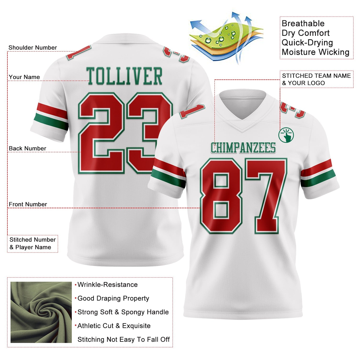 Custom White Red-Kelly Green Authentic Football Jersey view 3