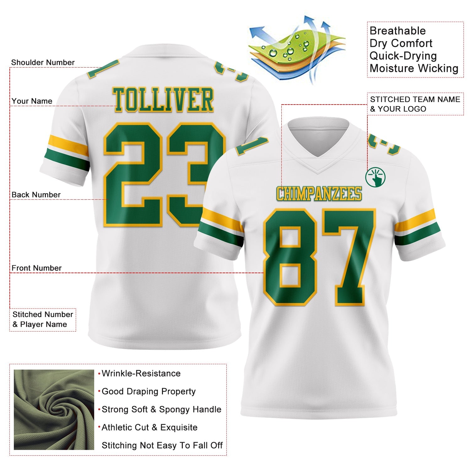 Custom White Kelly Green-Gold Authentic Football Jersey view 3