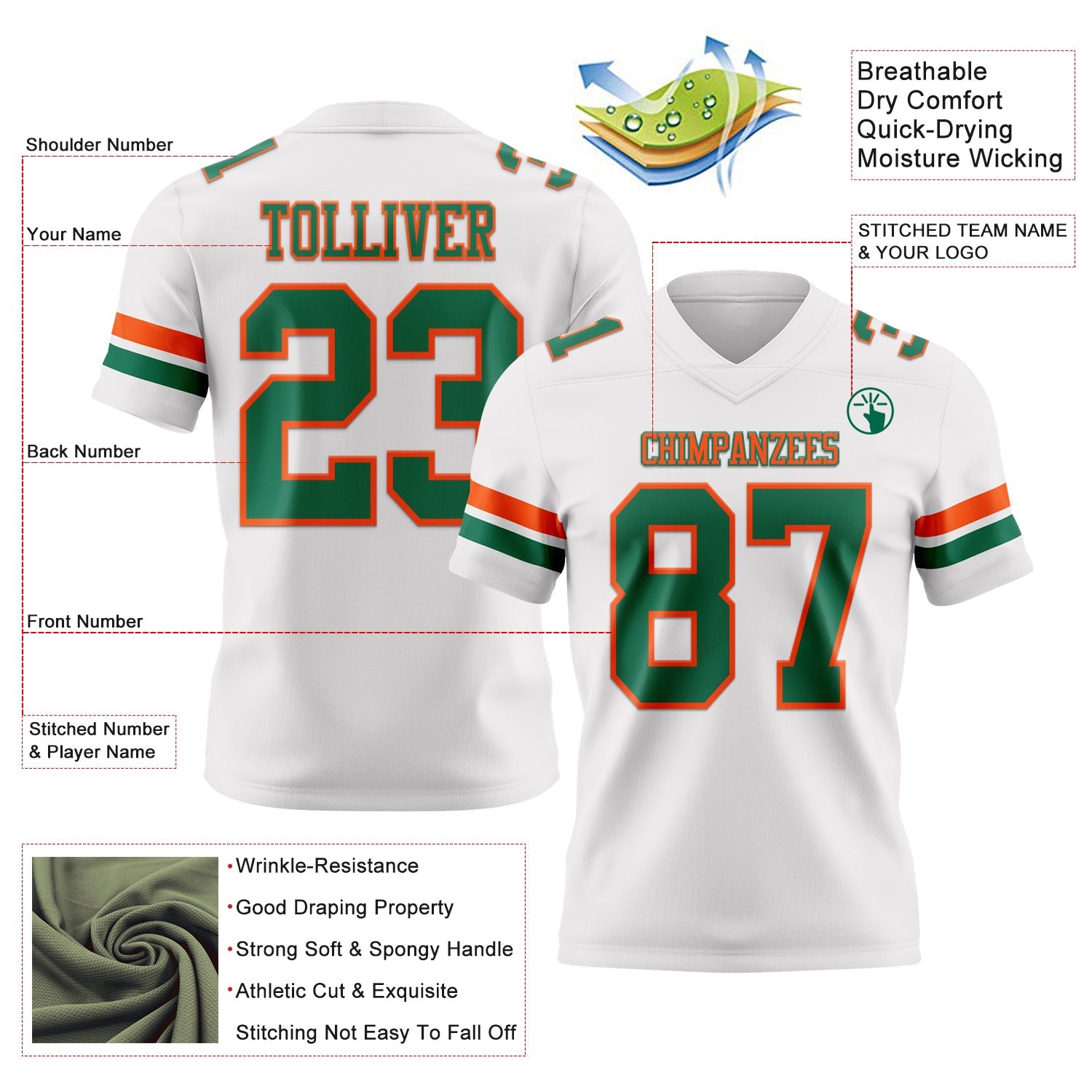 Custom White Kelly Green-Orange Authentic Football Jersey view 3