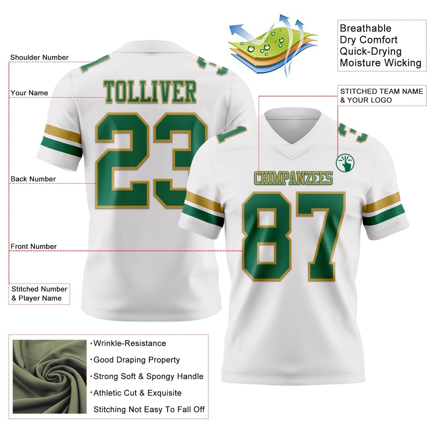 Custom White Kelly Green-Old Gold Authentic Football Jersey view 3