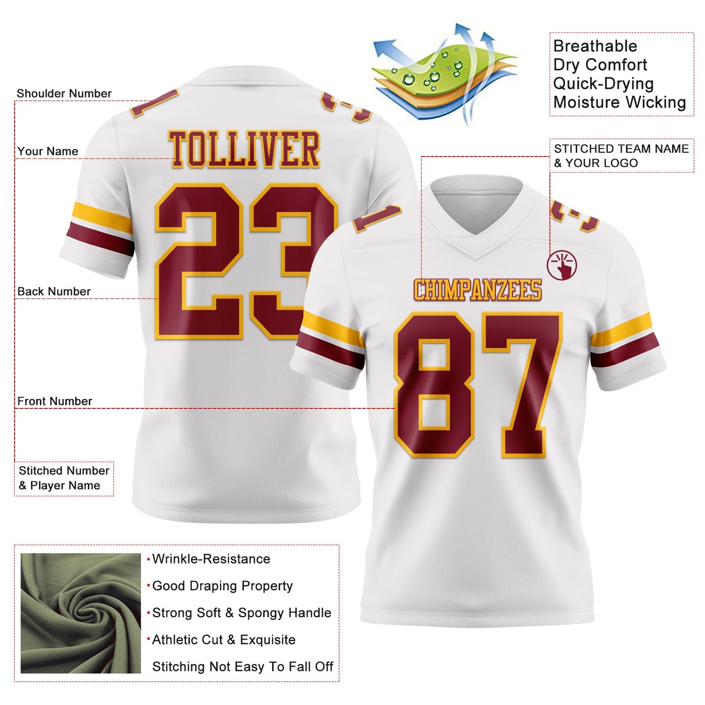 Custom White Crimson-Gold Authentic Football Jersey view 3
