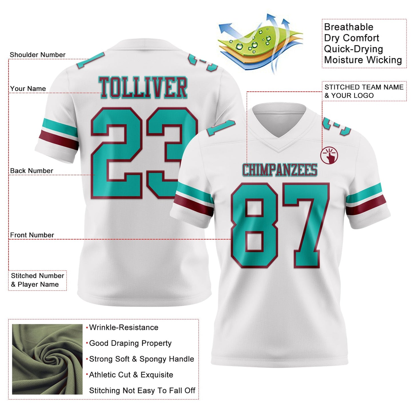 Custom White Aqua-Crimson Authentic Football Jersey view 3