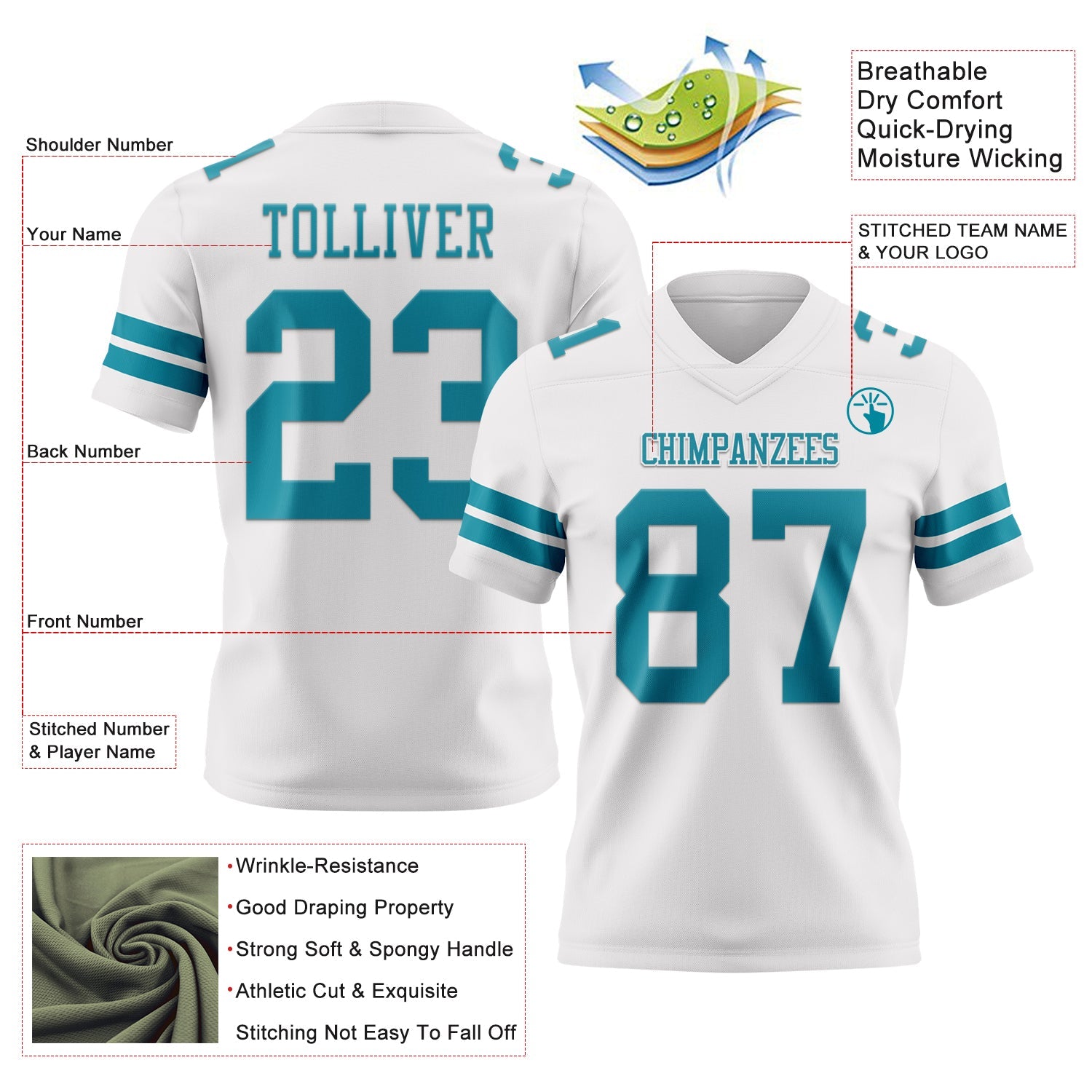 Custom White Teal Authentic Football Jersey view 3
