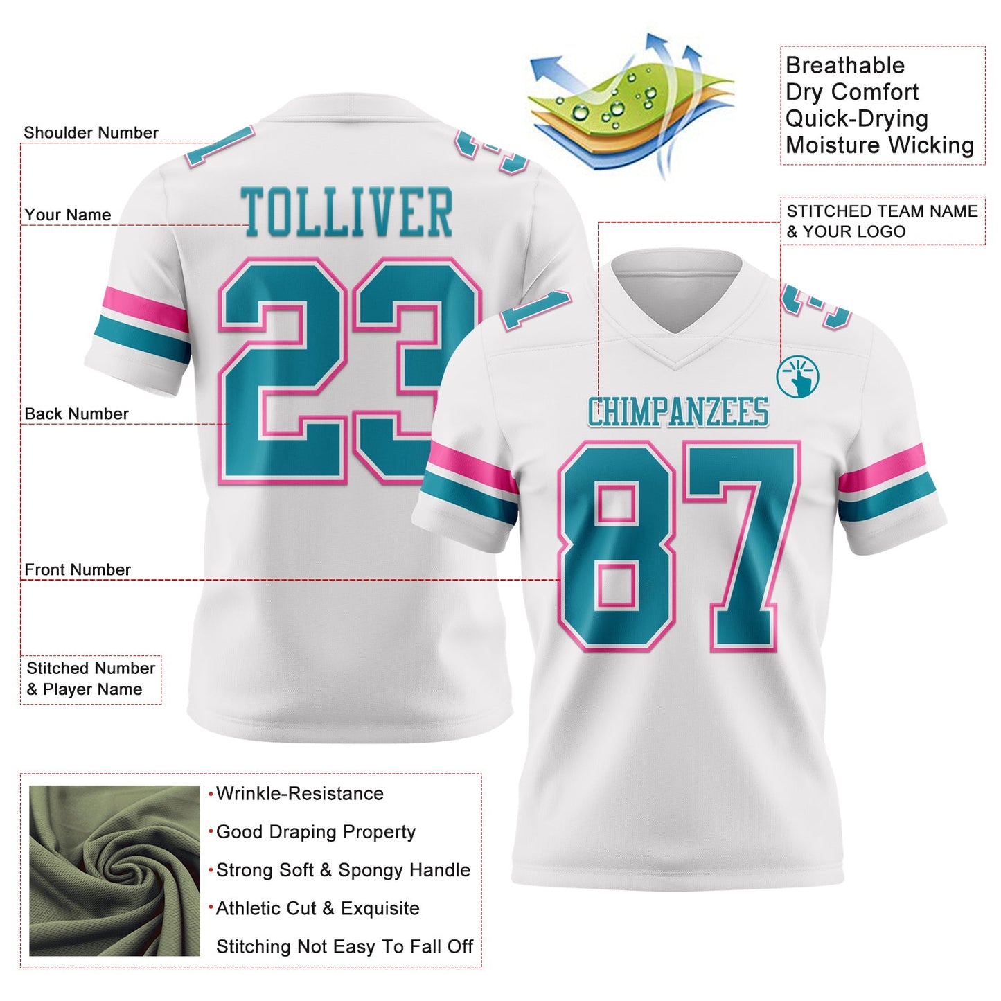 Custom White Teal-Pink Authentic Football Jersey view 3