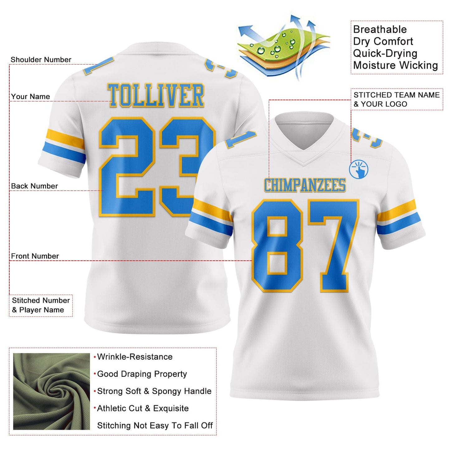 Custom White Powder Blue-Gold Authentic Football Jersey view 3