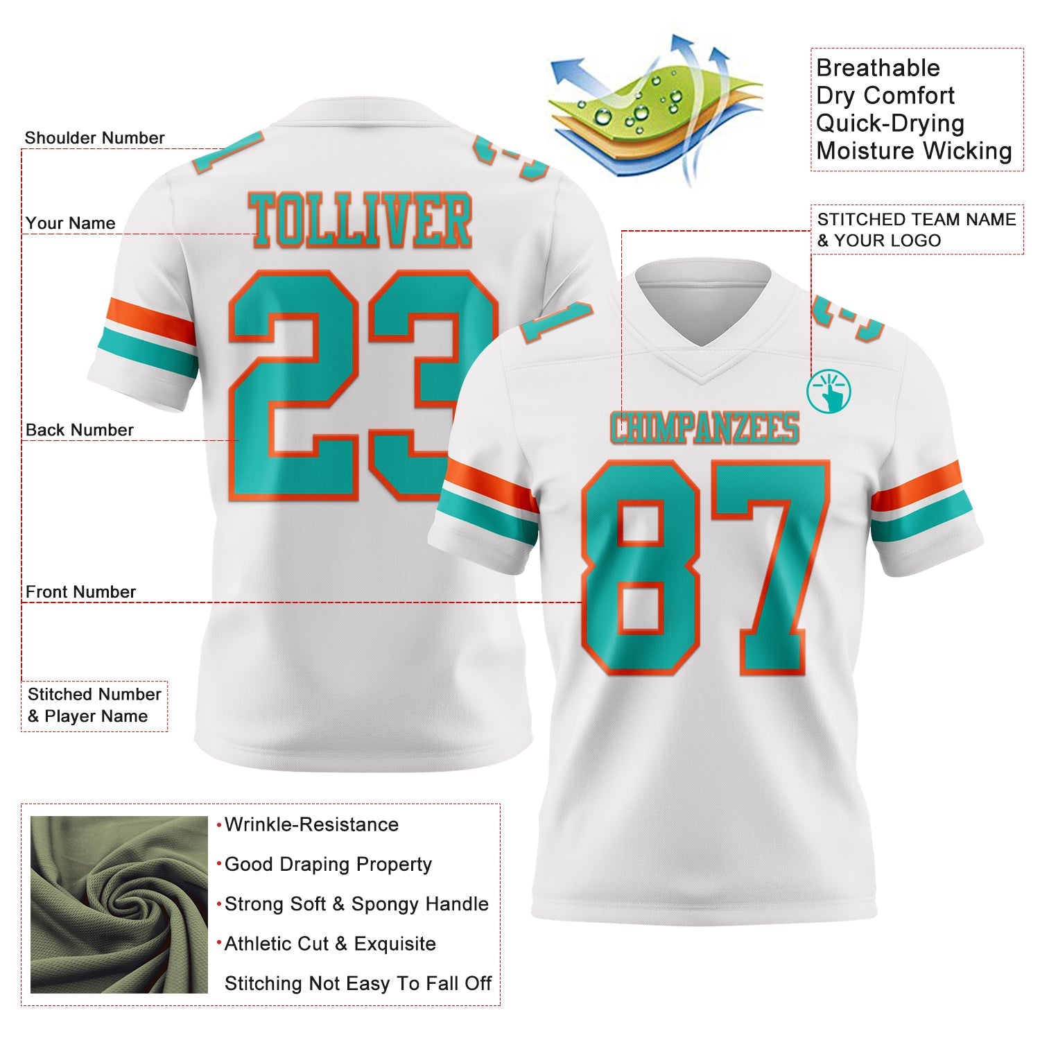 Custom White Aqua-Orange Authentic Football Jersey view 3