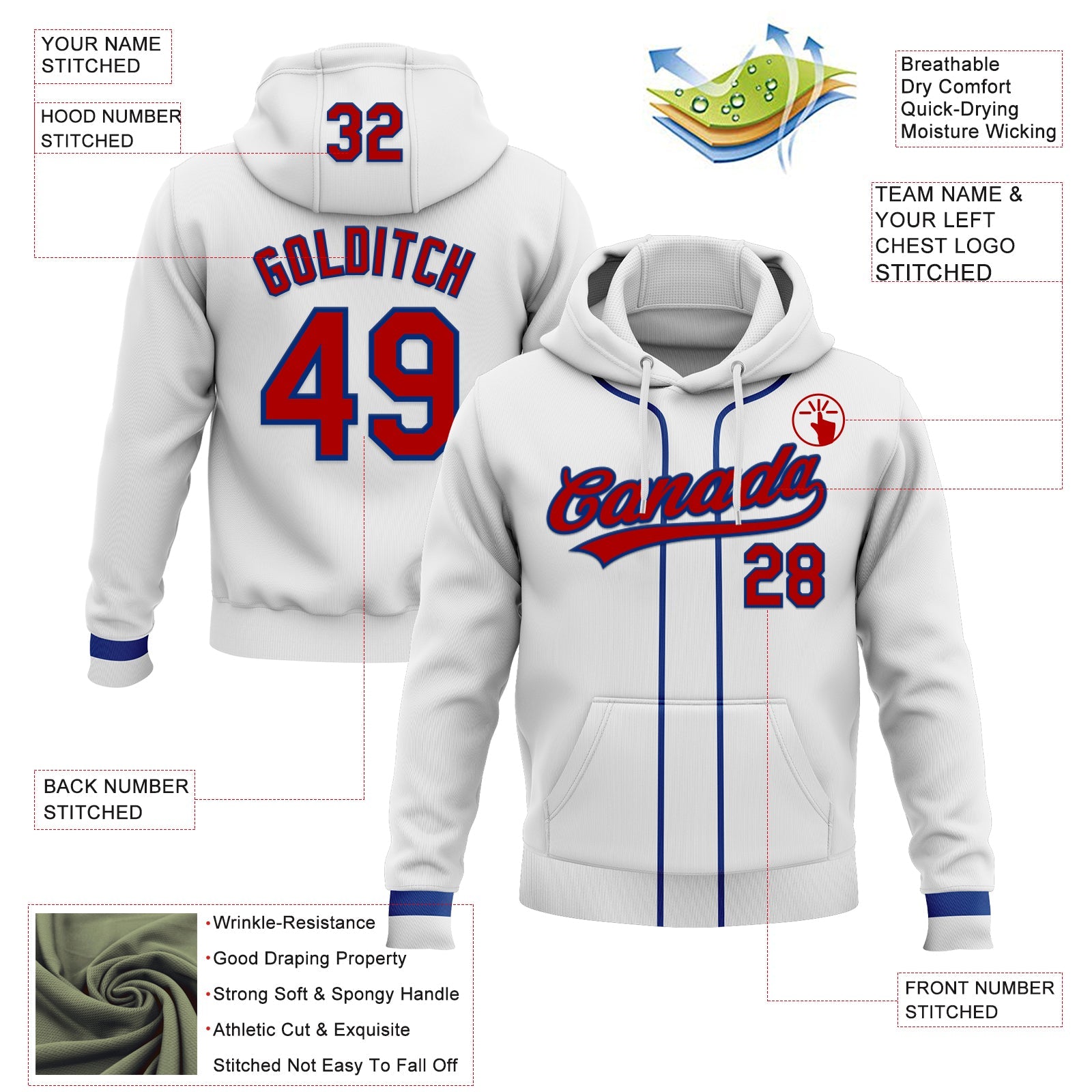 Custom Stitched White Red-Royal Baseball Pullover Sweatshirt Hoodie view 2