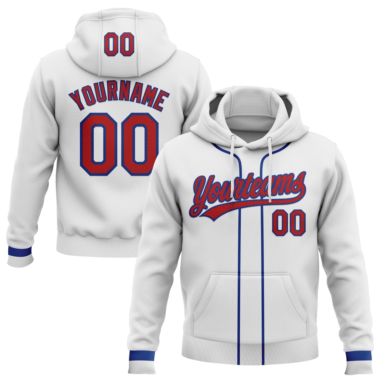 Custom Stitched White Red-Royal Baseball Pullover Sweatshirt Hoodie - Main View