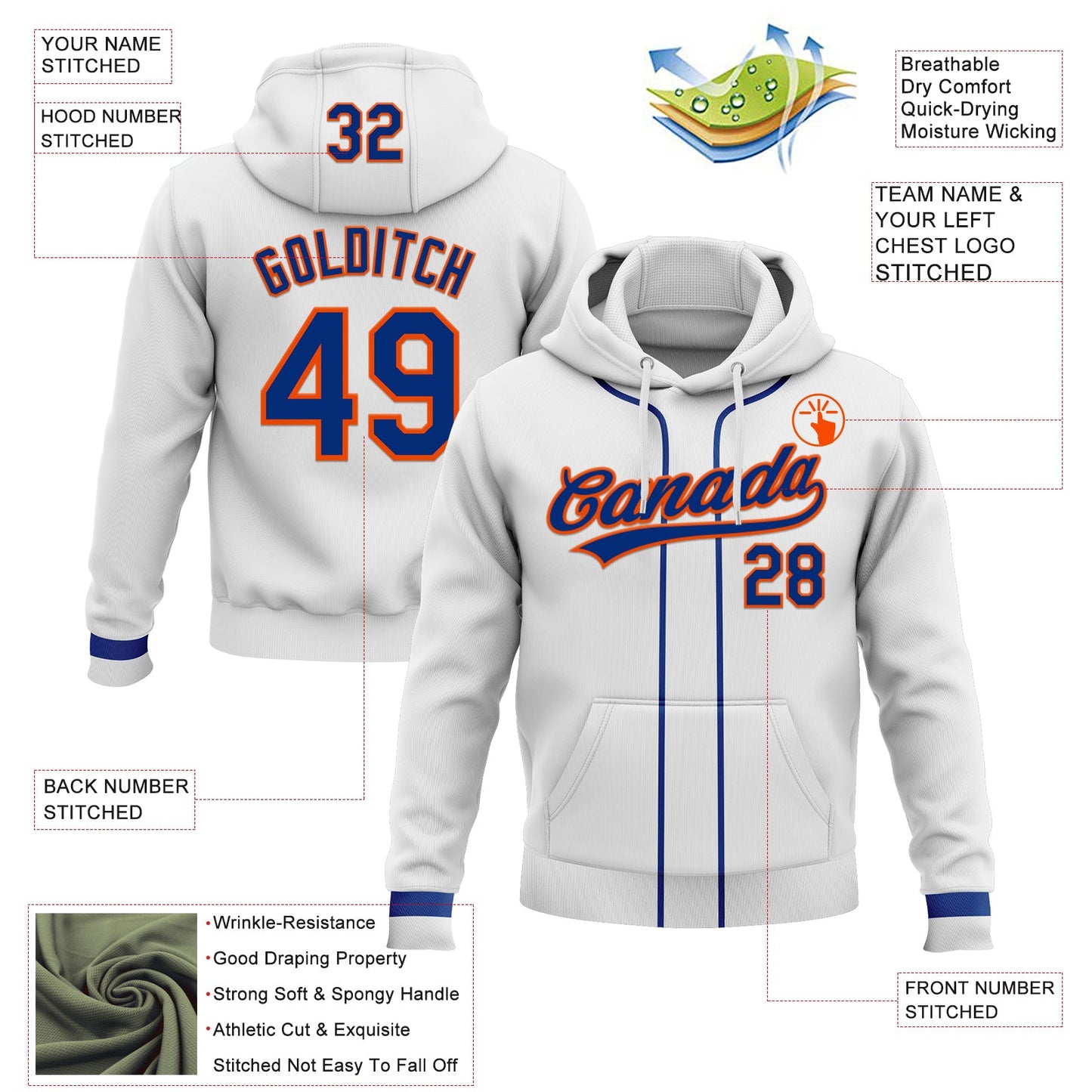 Custom Stitched White Royal-Orange Baseball Pullover Sweatshirt Hoodie view 2