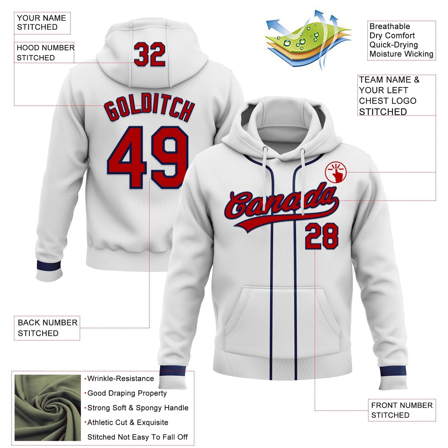 Custom Stitched White Red-Navy Baseball Pullover Sweatshirt Hoodie view 2