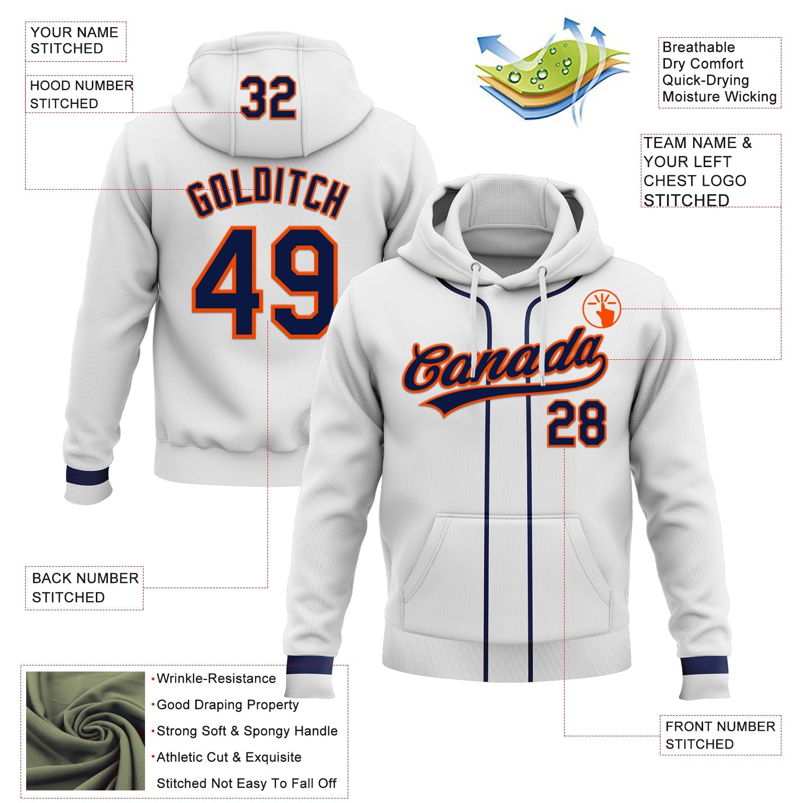 Custom Stitched White Navy-Orange Baseball Pullover Sweatshirt Hoodie view 2