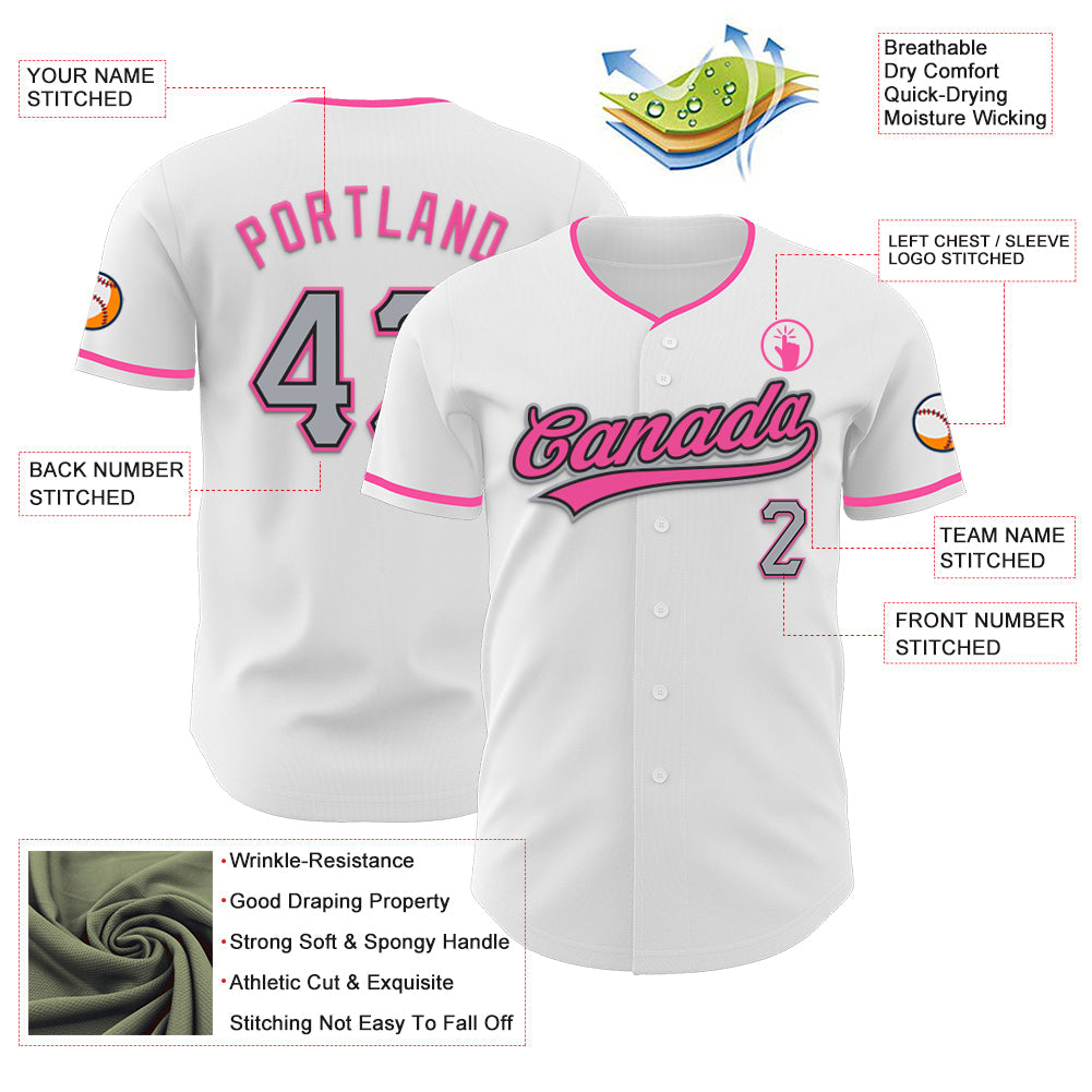 Custom White Gray Black-Pink Authentic Baseball Jersey view 3
