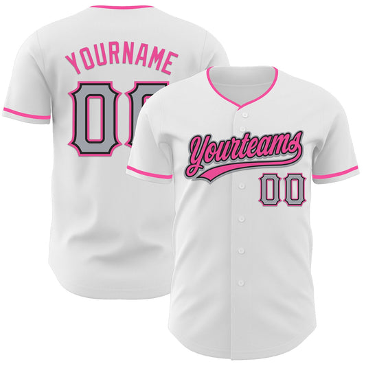 Custom White Gray Black-Pink Authentic Baseball Jersey - Main View