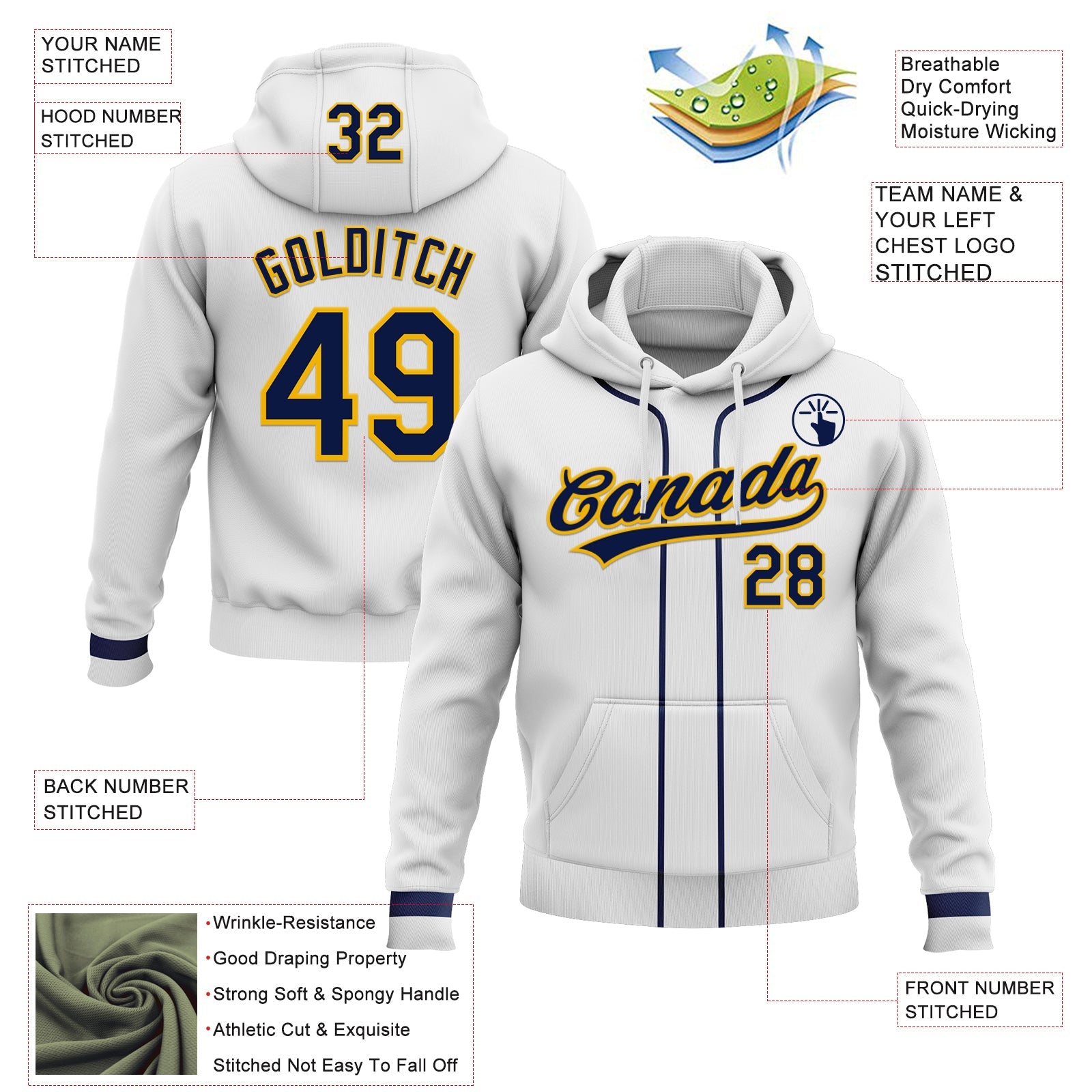 Custom Stitched White Navy-Gold Baseball Pullover Sweatshirt Hoodie view 2