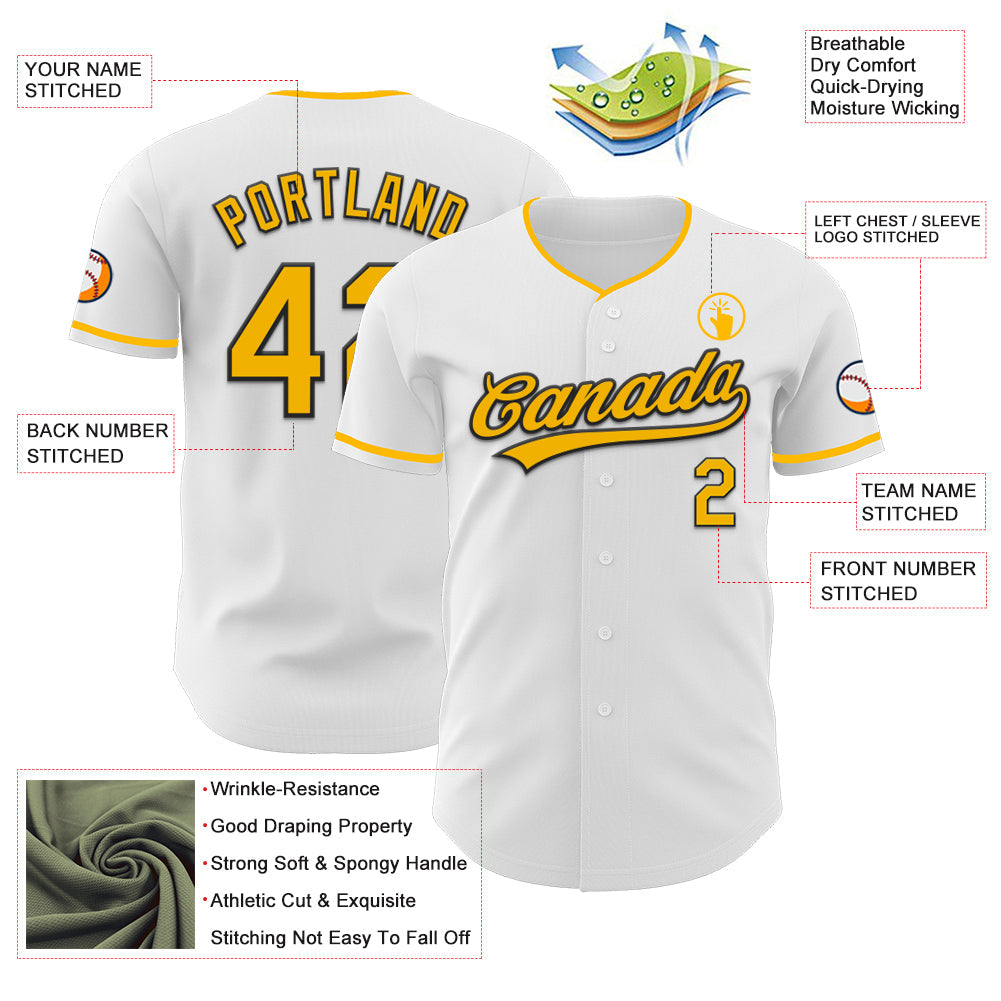 Custom White Gold-Black Authentic Baseball Jersey view 3