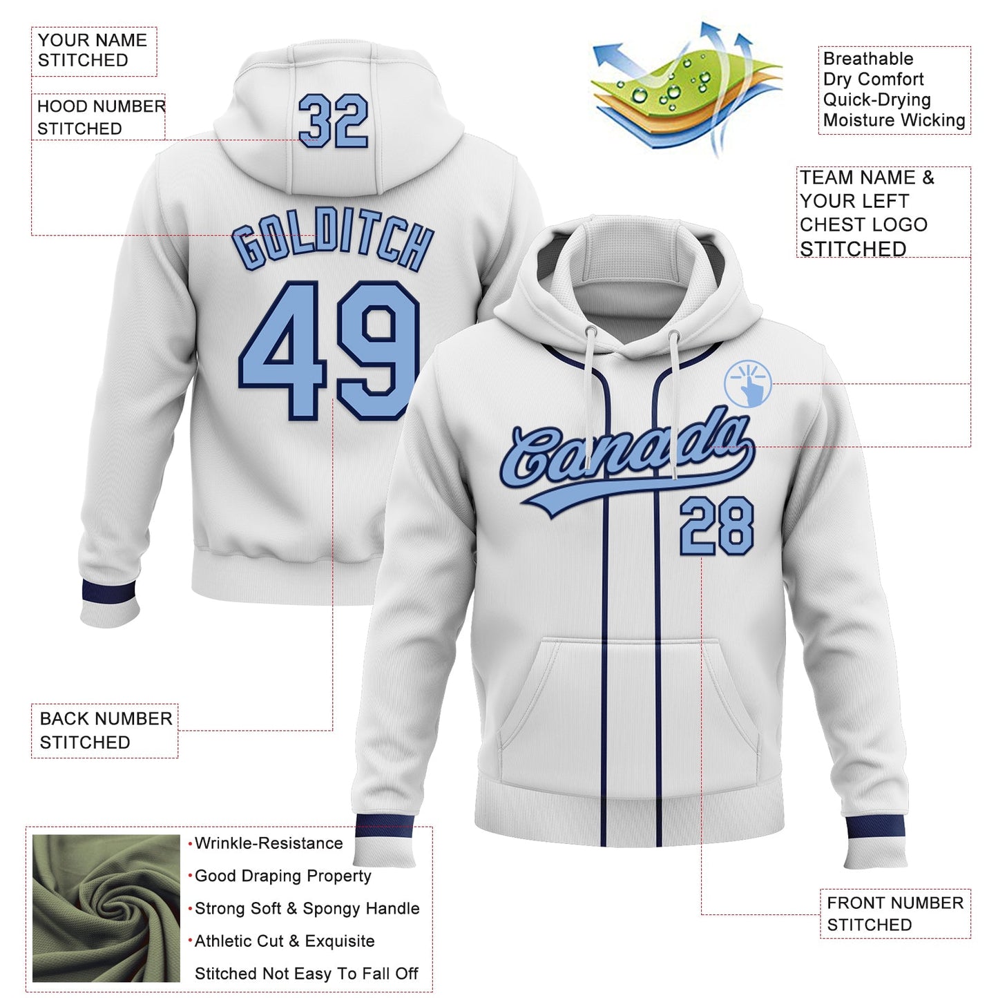 Custom Stitched White Light Blue-Navy Baseball Pullover Sweatshirt Hoodie view 2