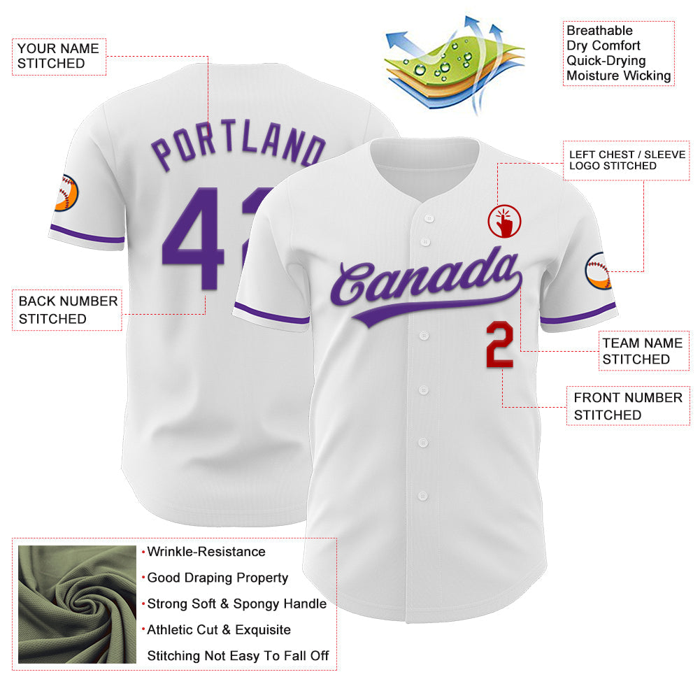 Custom White Purple-Red Authentic Baseball Jersey view 3