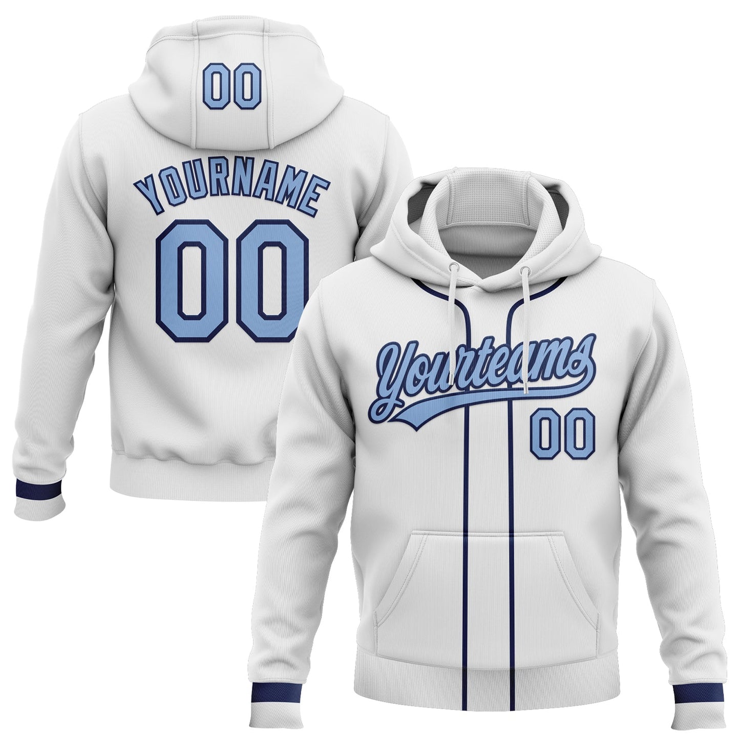 Custom Stitched White Light Blue-Navy Baseball Pullover Sweatshirt Hoodie - Main View
