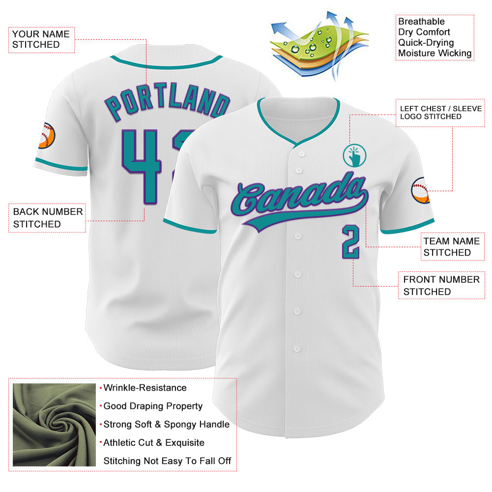 Custom White Teal-Purple Authentic Baseball Jersey view 3